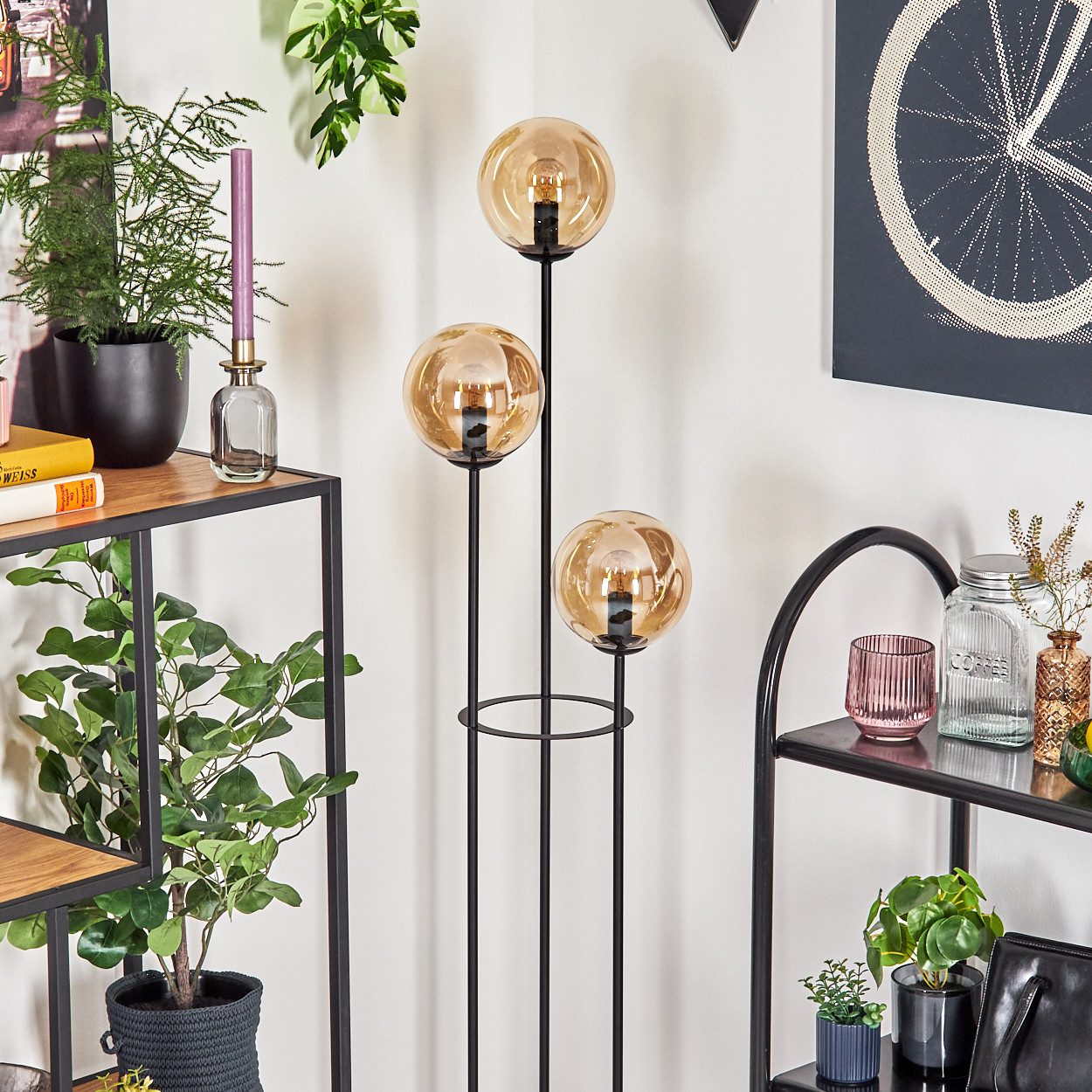 hofstein Stehlampe Stehlampe aus Metall/Holz/Glas in Schwarz/Braun/Bernstei günstig online kaufen
