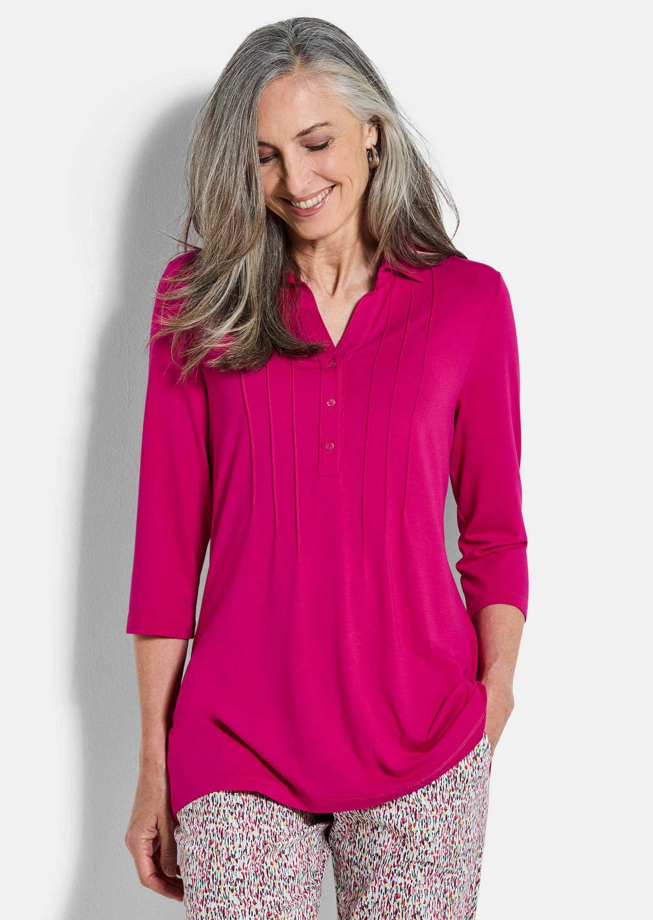 GOLDNER Tunika Elegantes Blusenshirt mit Biesen Jerseybluse mit offenem Hemdkragen, Knopfleiste und 3/4-Ärmeln