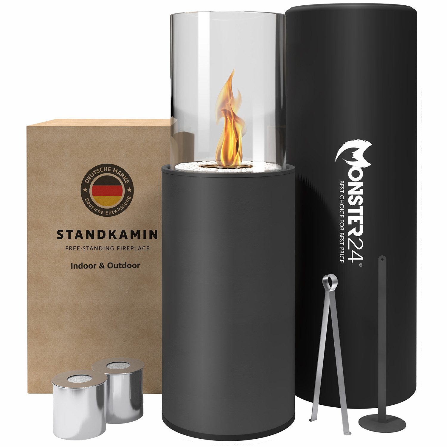 Monster24 Echtfeuer-Dekokamin Bio-Ethanol Standkamin für Indoor & Outdoor (80x26x26 cm)