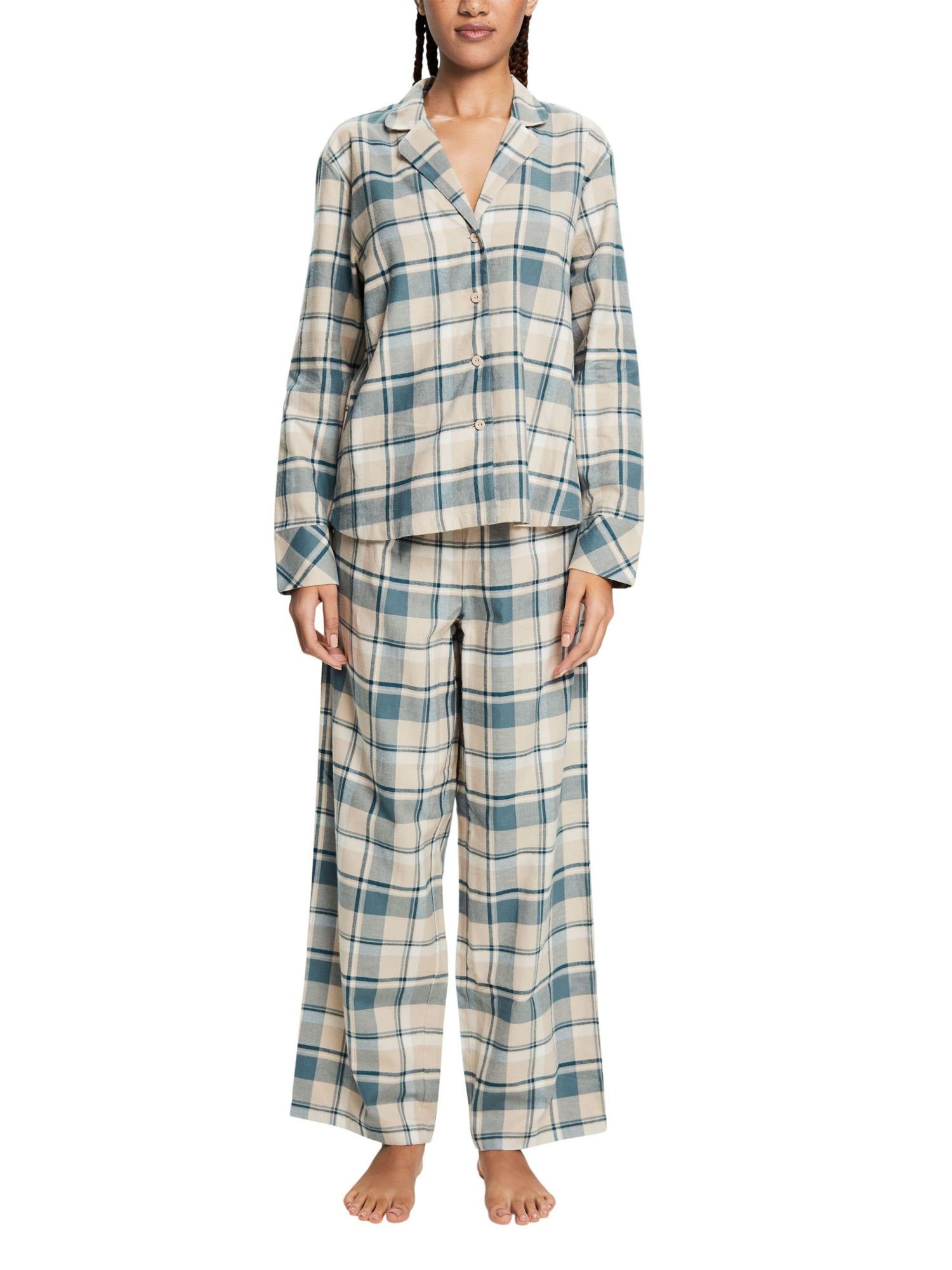 Flanell NEW aus Esprit kariertem BLUE Pyjama TEAL Pyjama-Set