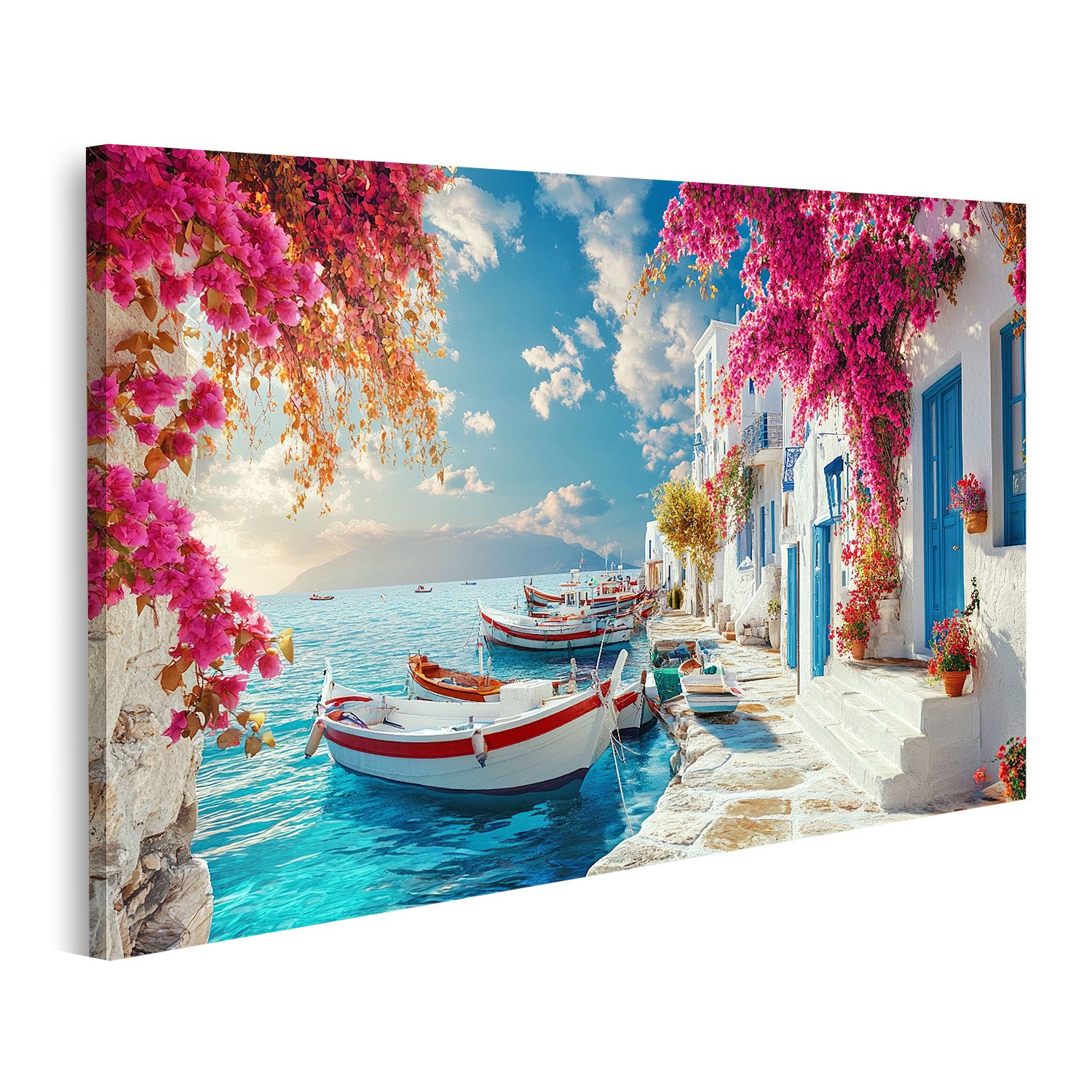 islandburner Leinwandbild, Idyllische griechische Küstenstadt mit blühenden günstig online kaufen