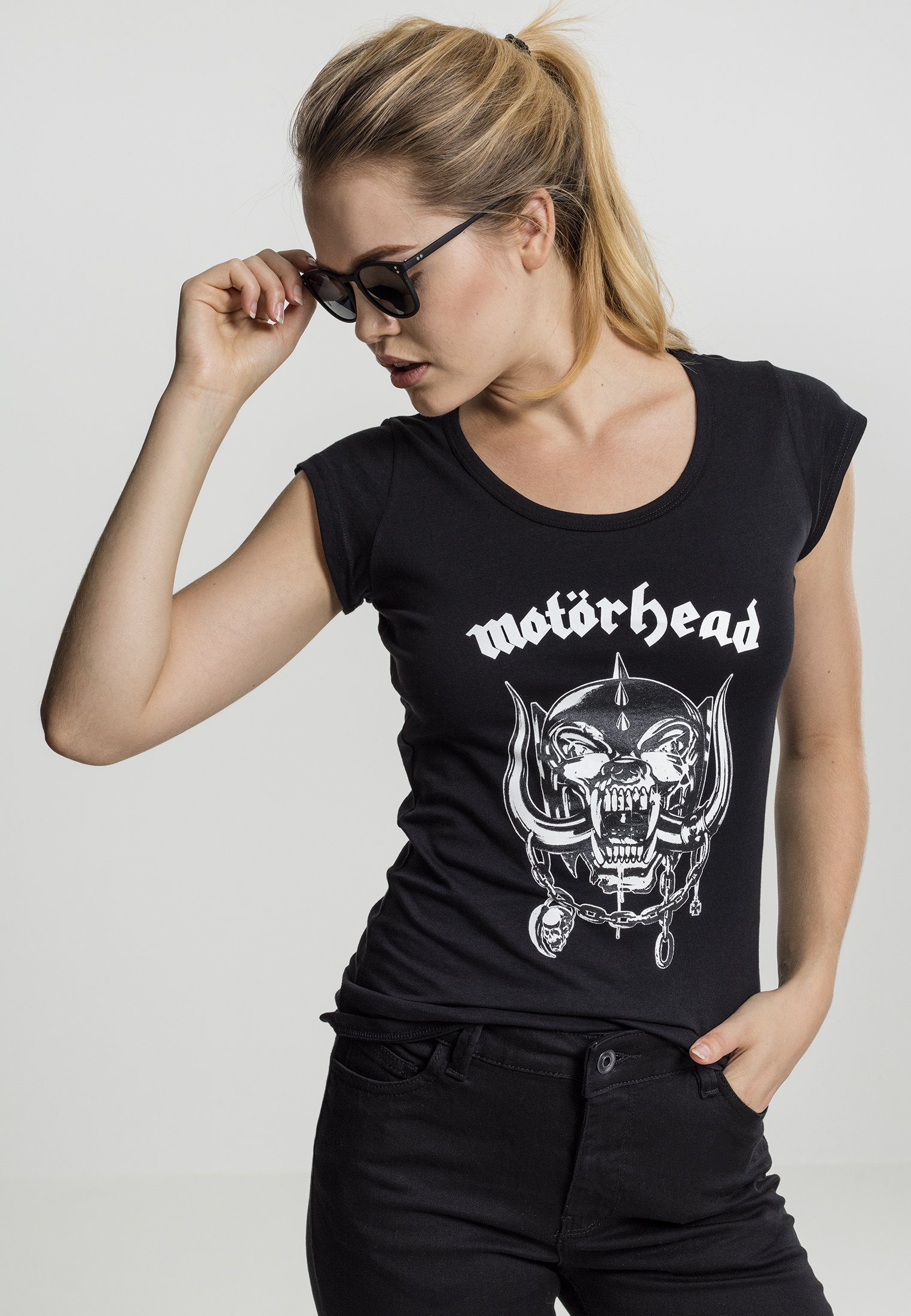 Saum/Kante Logo Cutted Back Motörhead Merchcode Tee Ladies T-Shirt (1-tlg), Abgesteppter Damen