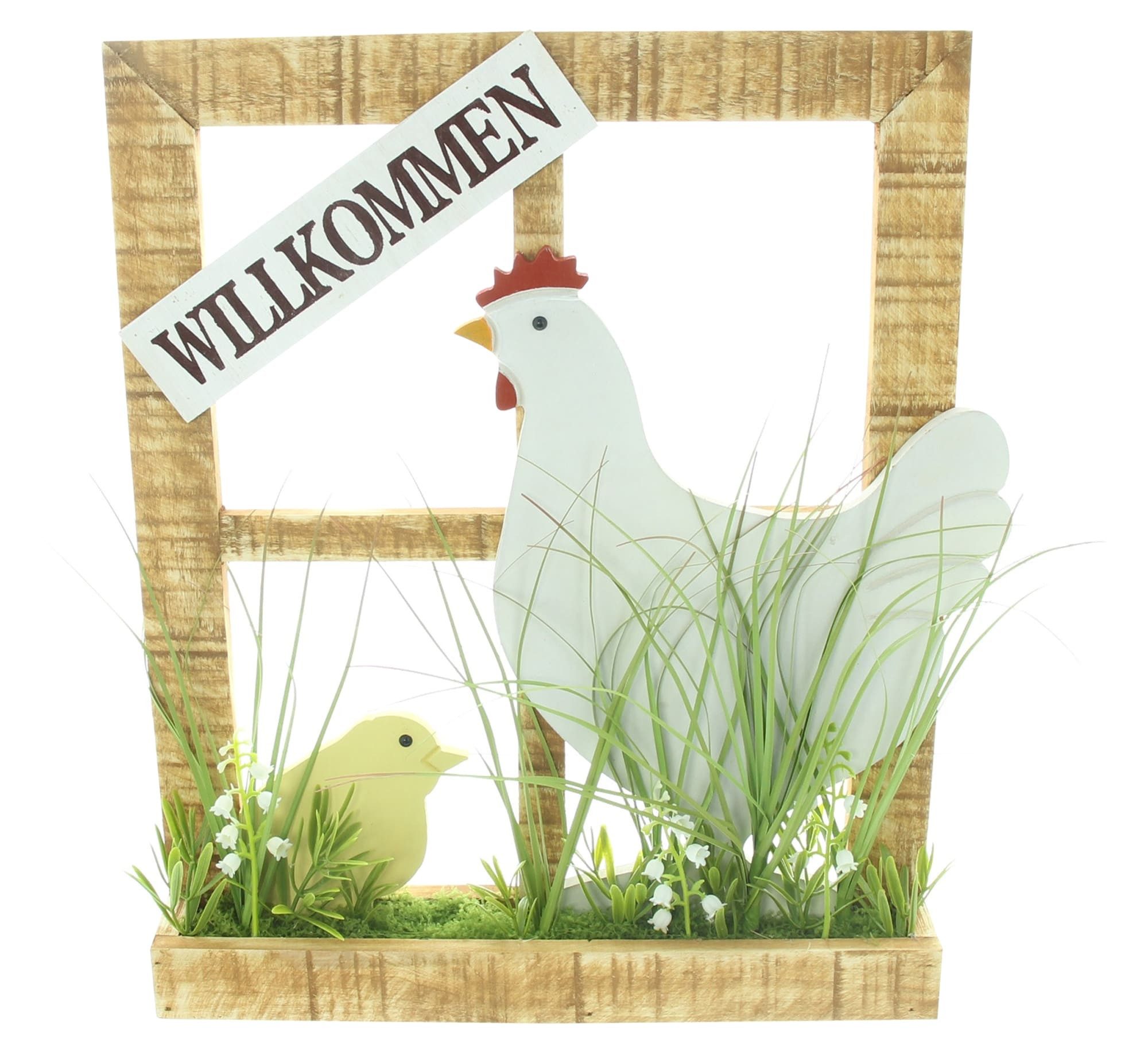 Dekoleidenschaft Osterfigur Dekofenster "Ostergruß", Holzrahmen 35x40 cm, Holzdeko, Osterdeko, mit Huhn, Küken & Kunstgras