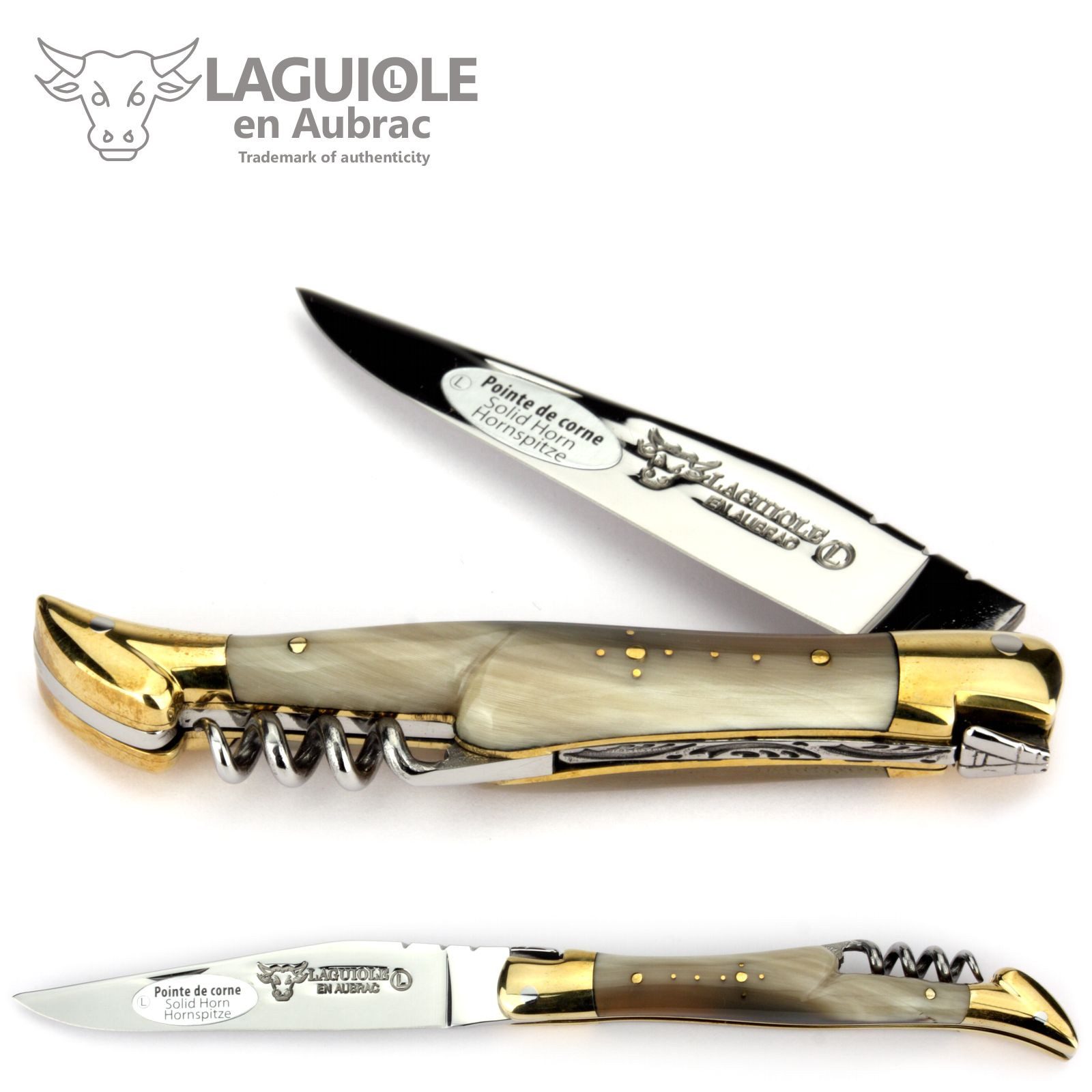 Laguiole en Aubrac Taschenmesser L0311PCLS, Griff 11cm Hornspitze - Korkenzieher - Backe Messing - Klinge glänzend