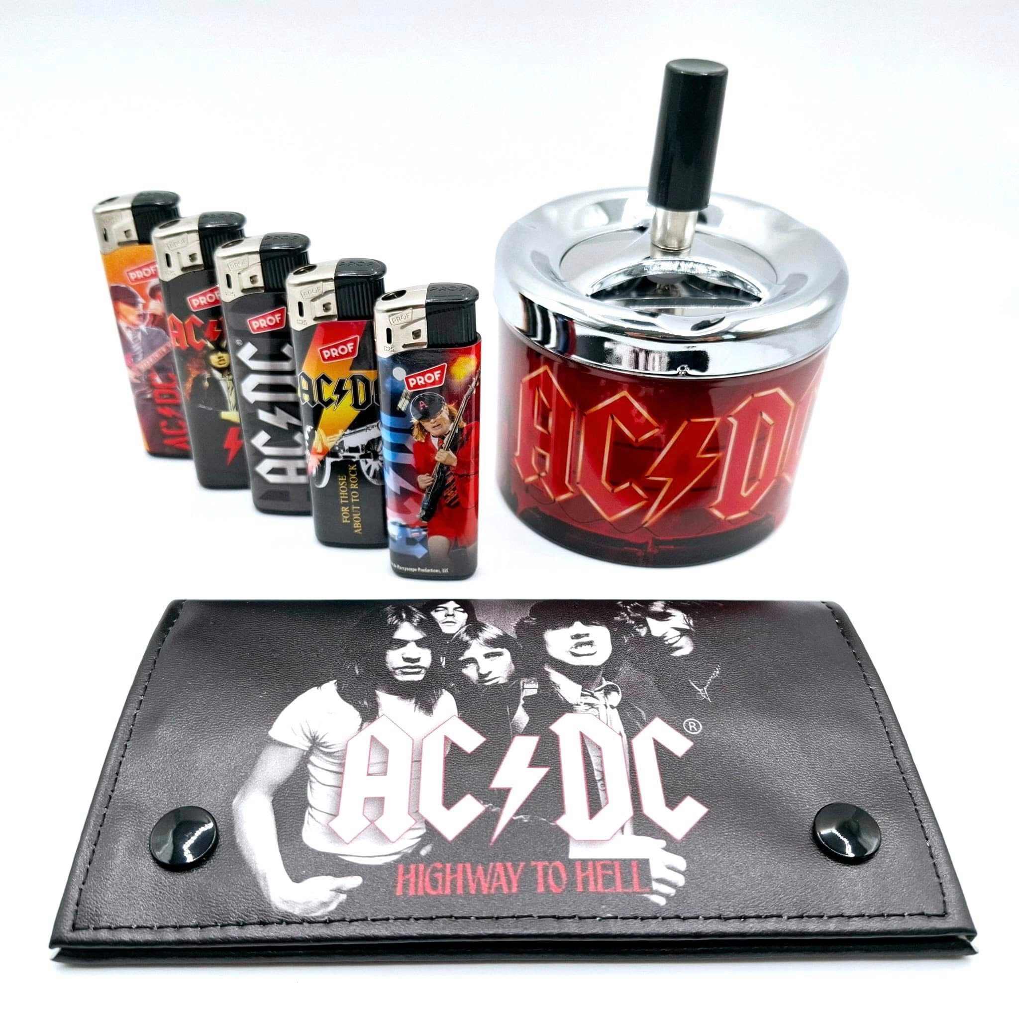 AC/DC Зажигалки Drehaschenbecher und Drehertasche im Geschenkset (5x Mehrwegfeuerzeug, Drehascher, Drehertasche), 7 teiliges Geschenkset für AC/DC Raucher Fans