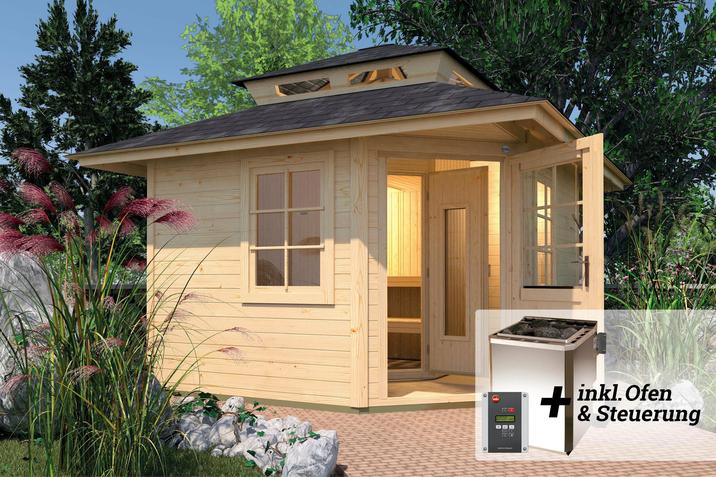 weka Saunahaus Kurikka, BxTxH: 380 x 380 x 315 cm, 68 mm, (Set) 7,5 kW Bio-Ofen mit digitaler Steuerung