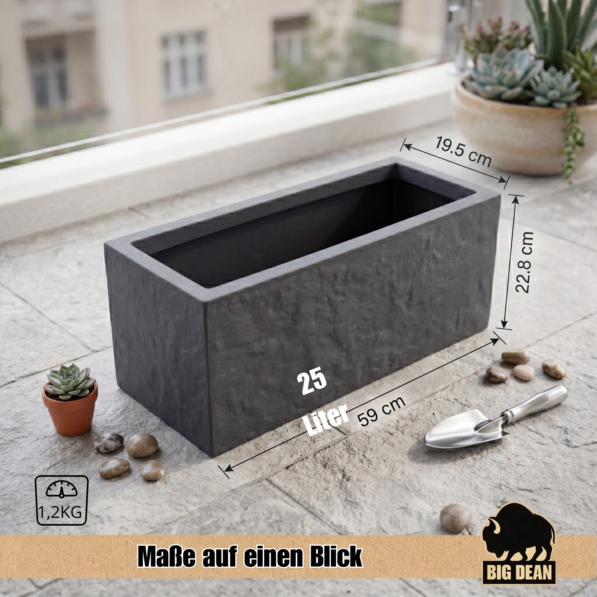 BigDean Pflanzkübel Balkonkasten mit Wasserspeicher Rechteckig Steinoptik (Packung, 1 St., Pflanzkübel), Edle Steinoptik, Integrierter Wasserspeicher