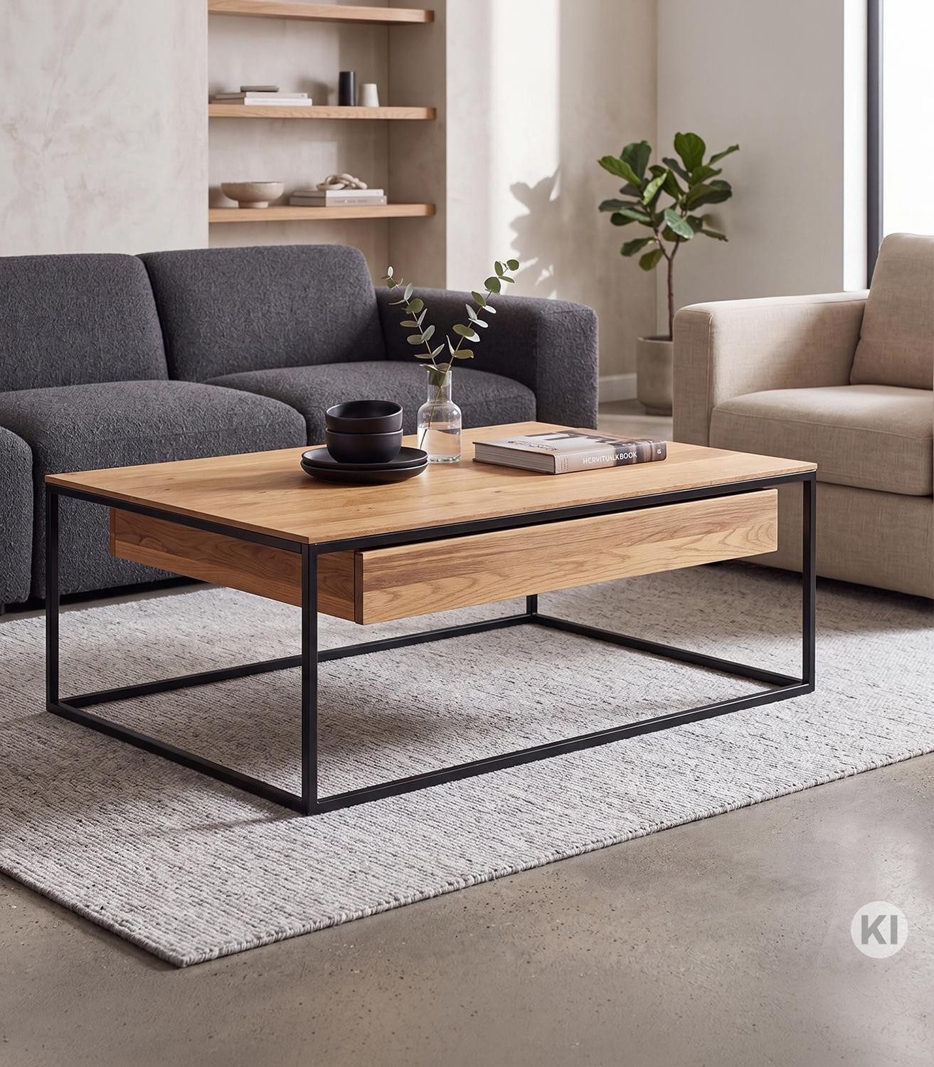 Gradel Couchtisch PATRICIA, Braun, Schwarz, Wildeiche massiv geölt, Metallgestell, 1 Schublade, B 100 x H 46 x T 63 cm