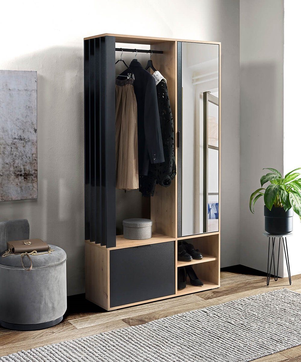 Compleo Garderoben-Set DECO, eiche/schwarz Kleiderstange Speicherkapazität, mit Loft große stil Artisan und Spiegel, Lamellen