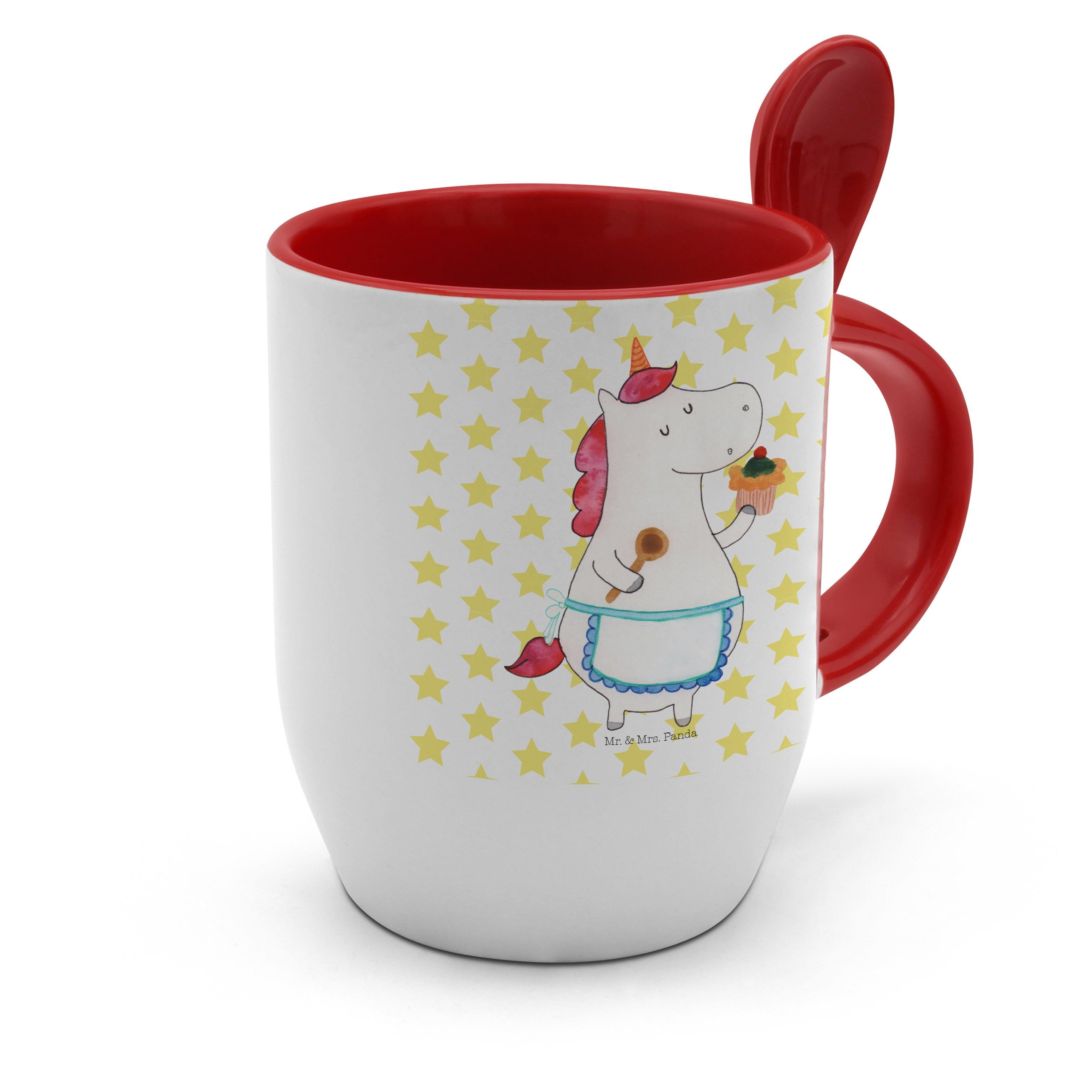 Tasse Einhorn Geschenk, Mrs. Tasse & Mr. Weiß mit - Küchenfee Panda Löffel, Einhorn Keramik - Deko,