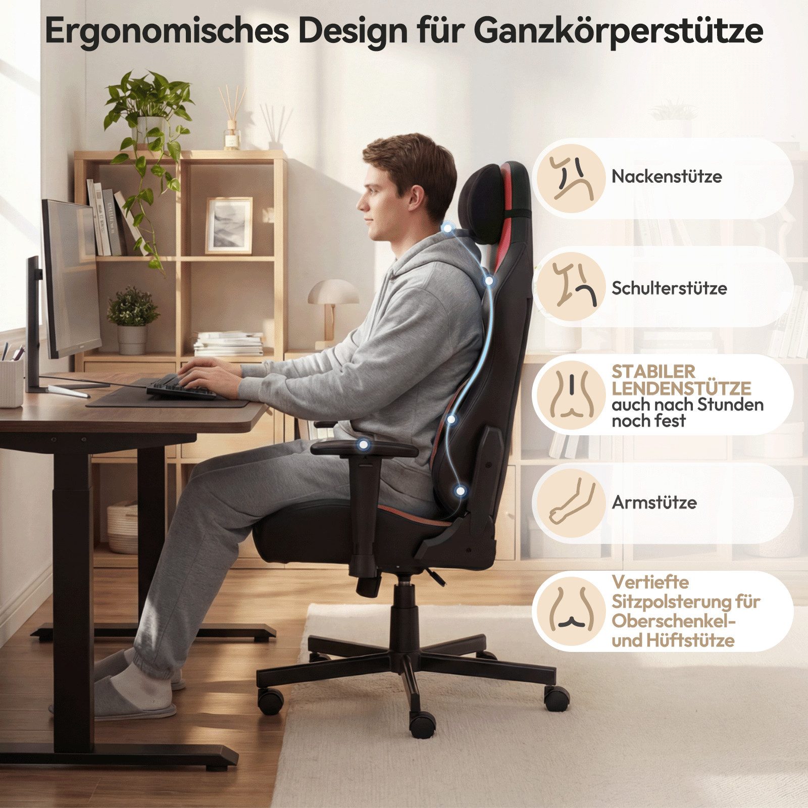 HOMALL Gaming-Stuhl gaming stuhl,mit verstellbarer Lendenstütze 6°-35°, 2D-Armlehnen,Rückenlehne 90°-135° verstellbar,150kg Belastbarkeit – Bild 3 von 5