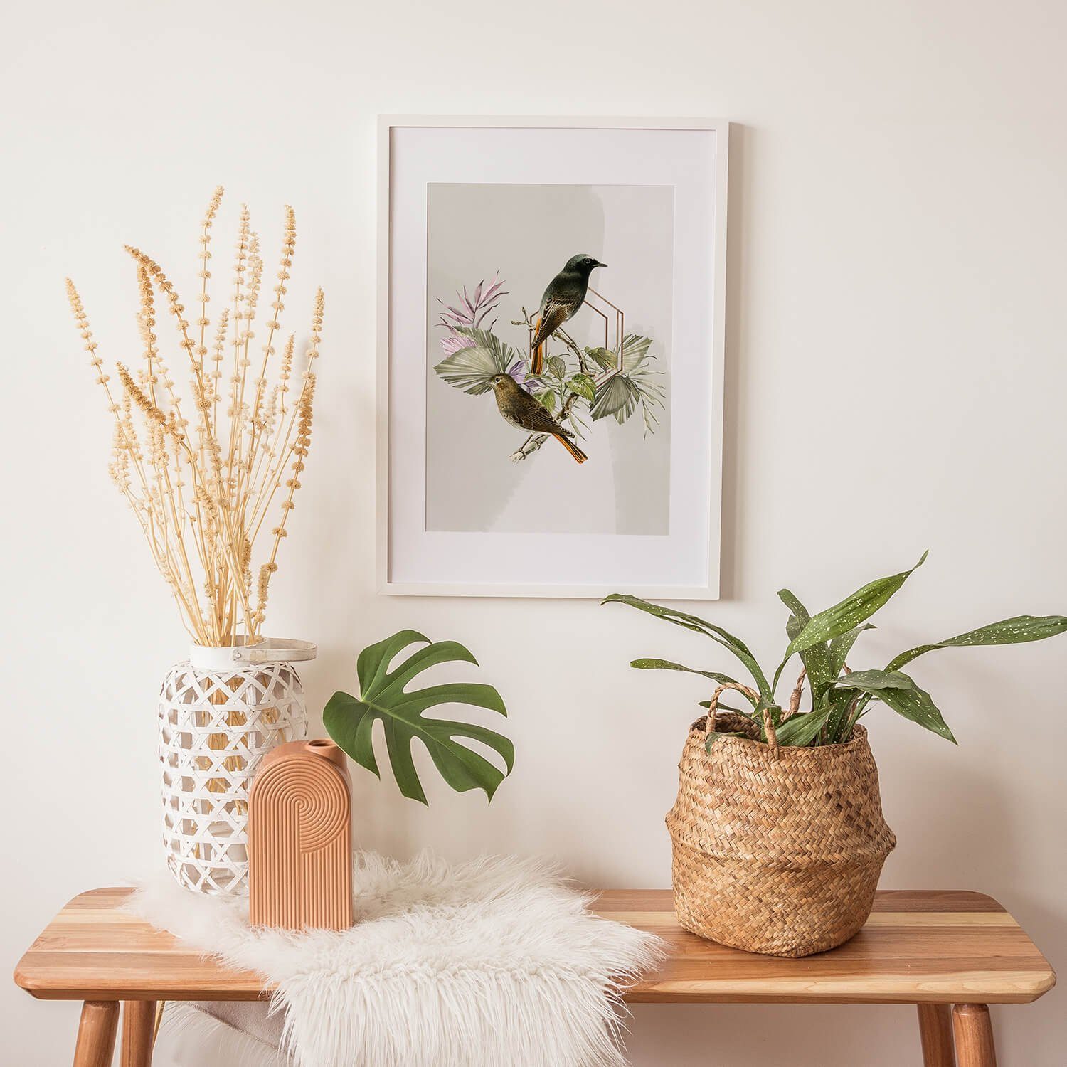 Sinus Art Wandbild Vogel Motiv Fliegenschnäpper Blumen Blüten Exotisch Kunstvoll