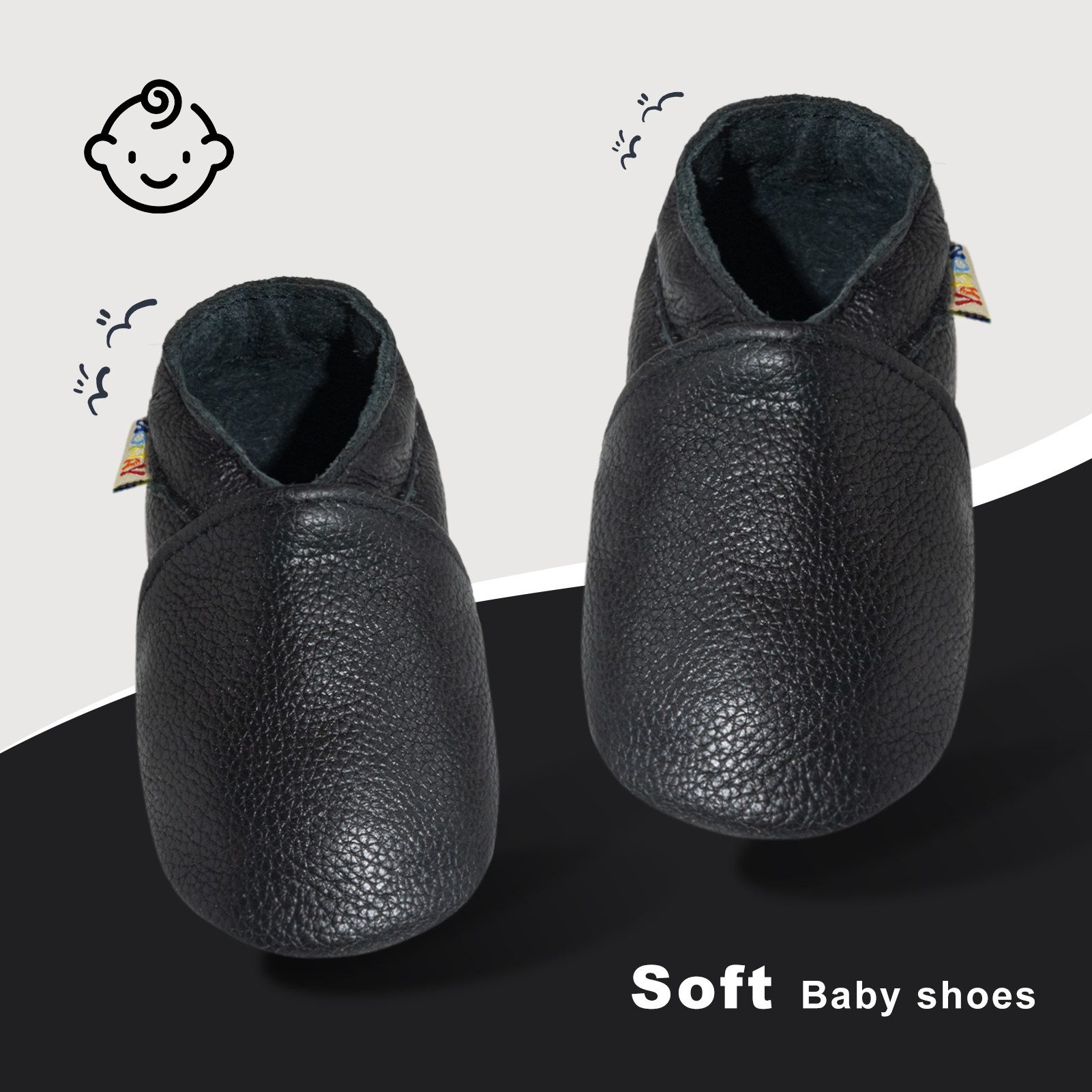 Yalion Baby Schwarz Leder Lauflernschuhe Babyschuhe Jungen Mädchen Baby Krabbelschuh (1-tlg) Baby Schuh aus echtem Leder,Barfußgefühl & rutschfester Sohle