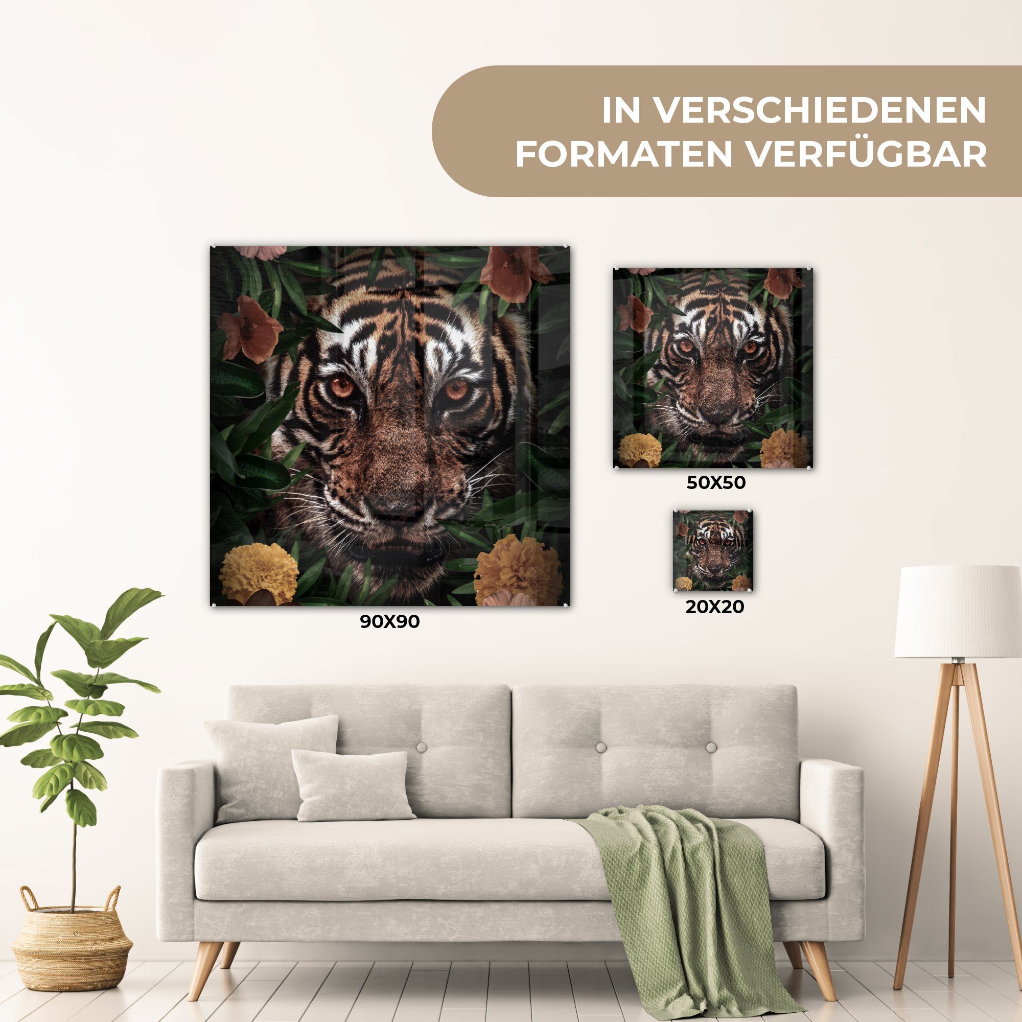Glas MuchoWow Wandbild Foto Wanddekoration Dschungel Tiger Bilder - (1 St), - Glasbilder auf - Acrylglasbild - Blumen, - auf Glas