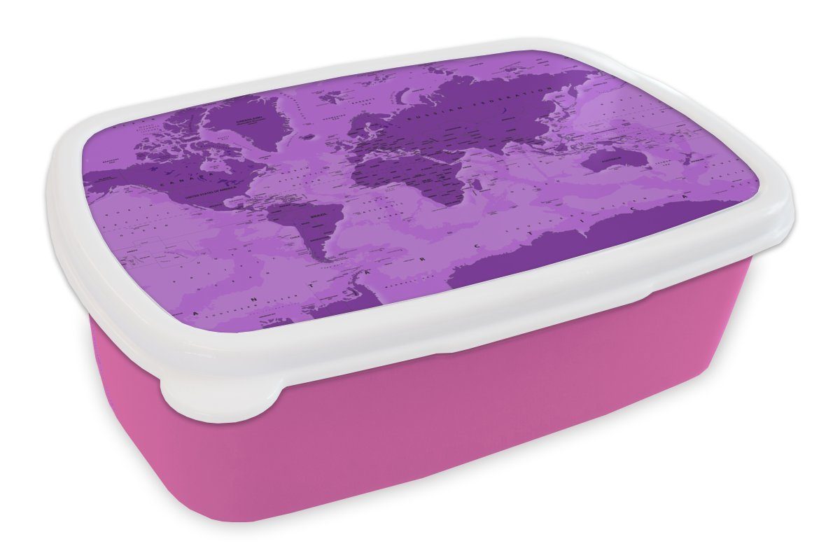 MuchoWow Lunchbox Weltkarte - Stabil - Grün, Kunststoff, (2-tlg), Brotbox für Erwachsene, Brotdose Kinder, Snackbox, Mädchen, Kunststoff rosa