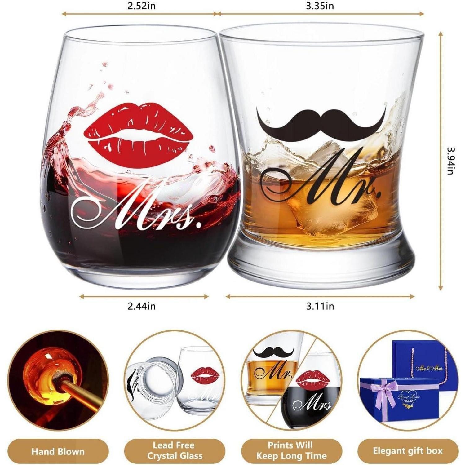 LuxusKollektion Gläser-Set Hochzeitsgeschenk Mr Mrs Apron Weinglas Whiskyglas Set Paare Jubiläum, Glas – Bild 4 von 5