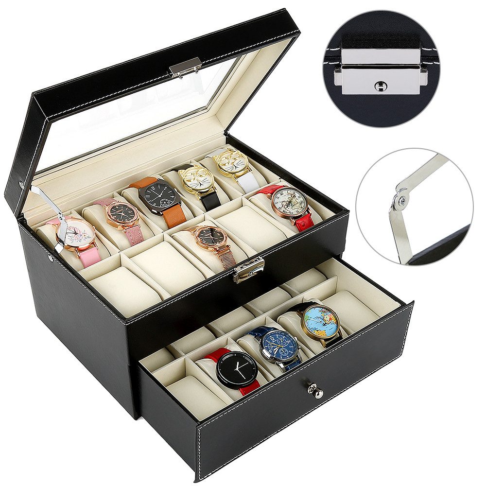 JEOBEST Geschenkbox Uhrenbox mit 20 Fächern, Uhrenkasten mit Glasdeckel, (1 St.,2 Ebenen) abnehmbare Polster, 1 Schublade