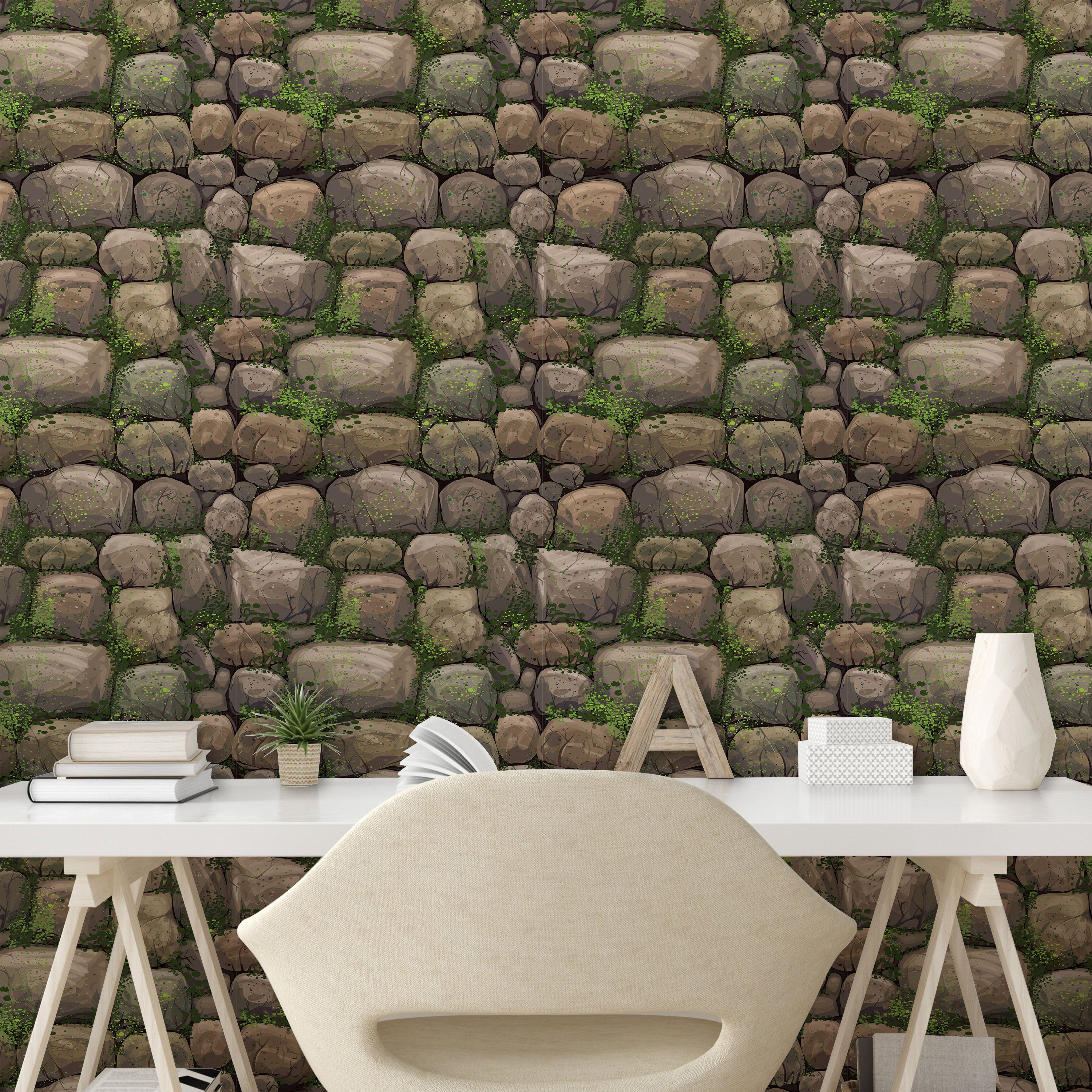 Abakuhaus Vinyltapete selbstklebendes Wohnzimmer Moos Steine Küchenakzent, bedeckt ​​mit Natur