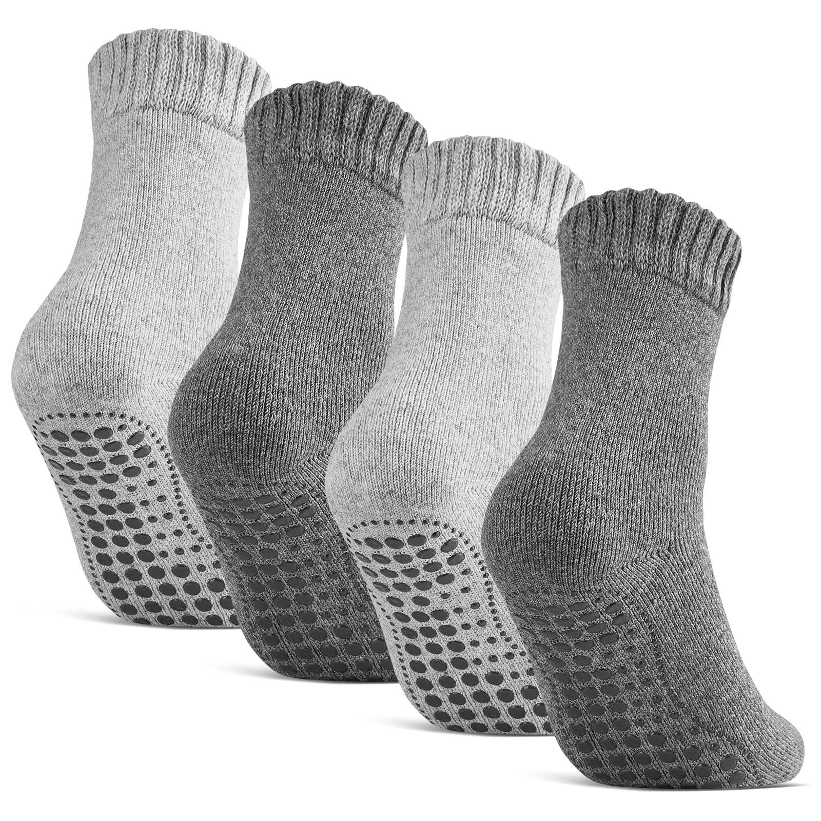 sockenkauf24 ABS-Socken Antirutschsocken warme Stoppersocken mit Wolle Vollfrottee (Grau/Anthrazit, 4-Paar, 43-46) mit Komfortbund für Damen & Herren - 21463