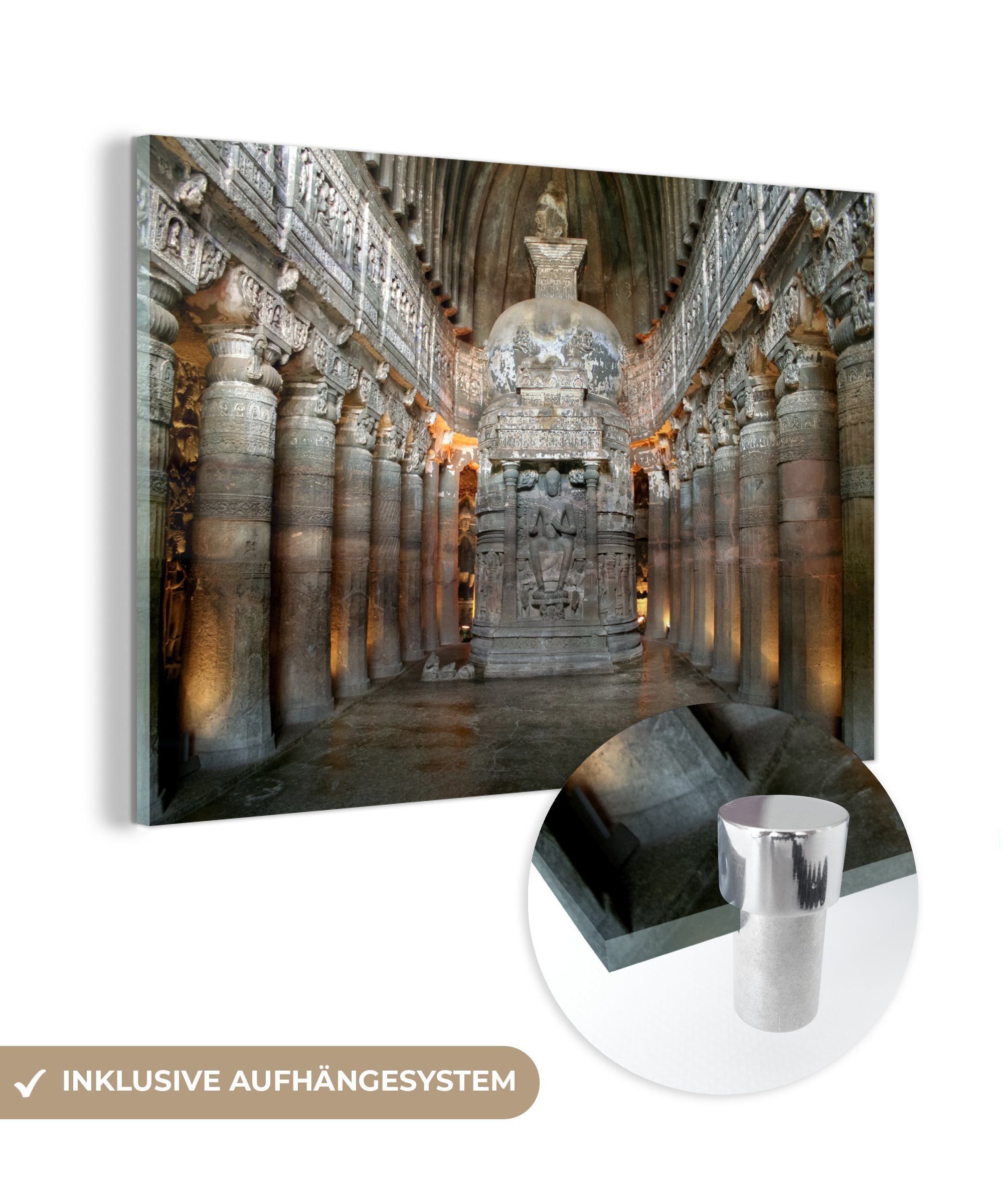MuchoWow Acrylglasbild Die Halle in einer der geschnitzten Ajanta-Höhlen, (1 St), Acrylglasbilder Wohnzimmer & Schlafzimmer