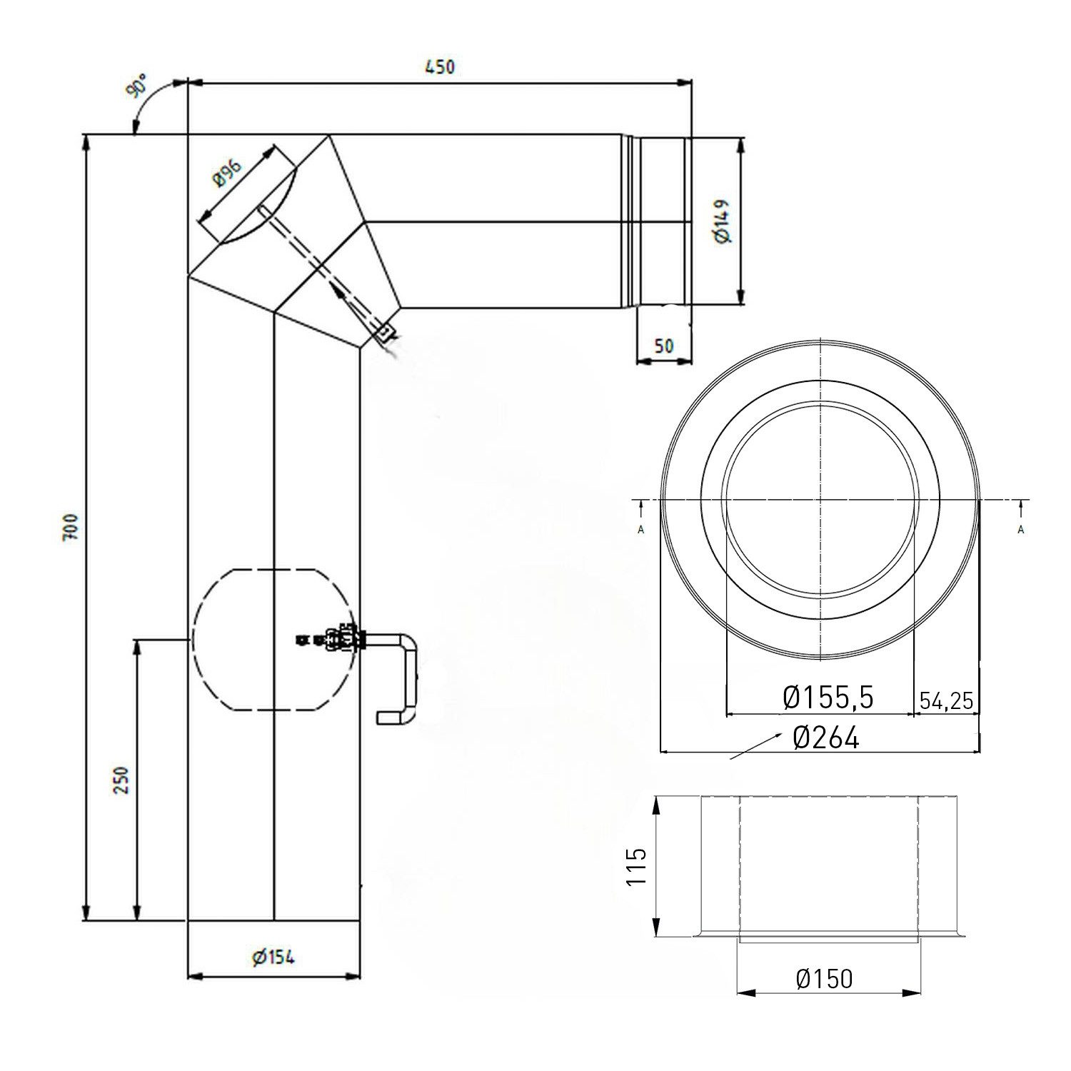 Raik Ofenrohr Raik WBG Set 150/90° 2,00mm 3-tlg 700/450, mit DKL grau für Ofenrohr, Set