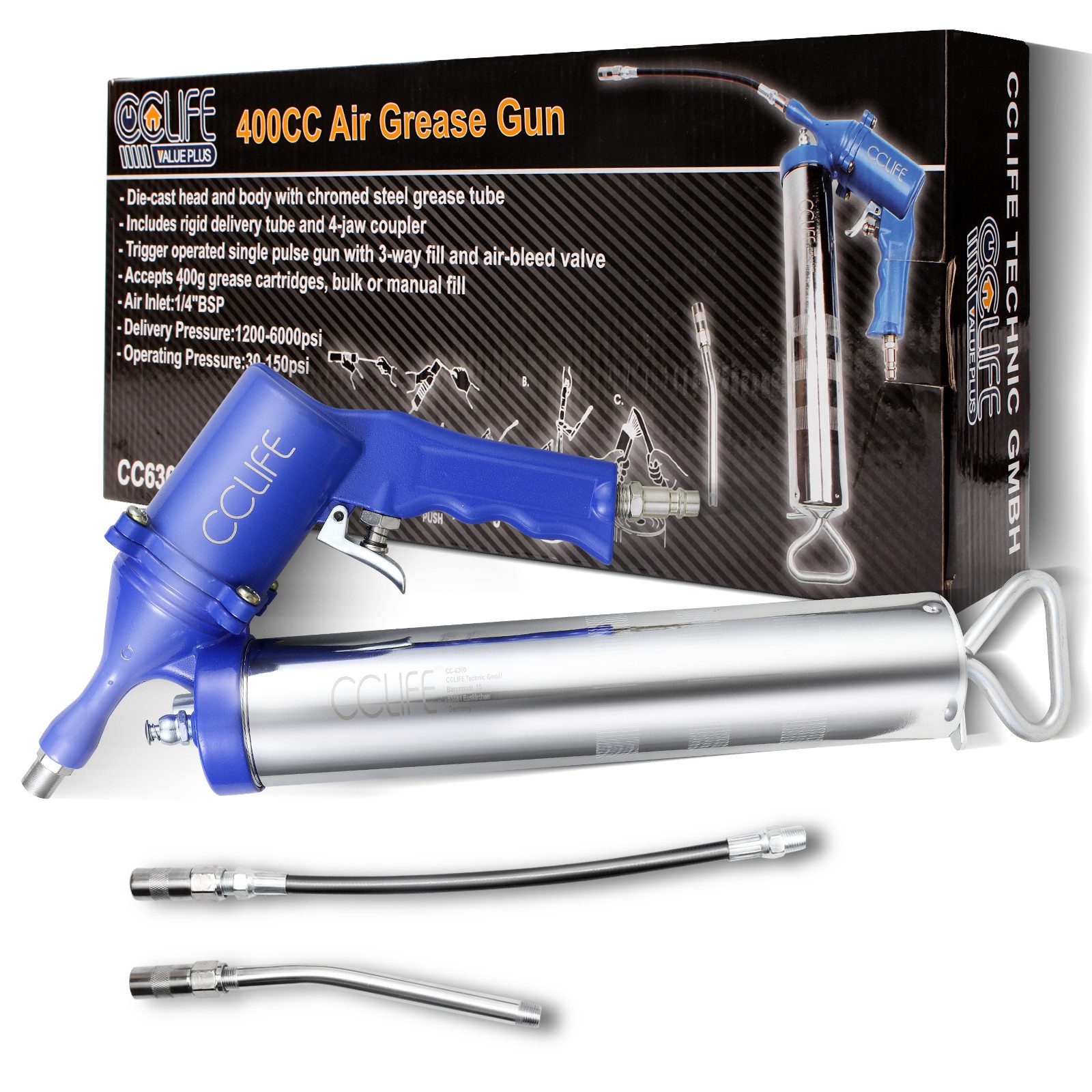 CCLIFE Werkstattpresse Druckluft Fettpresse Pneumatik Handpresse Werkstatt Presse mit Zubehör, max. 6000 in t, set, 3-tlg.
