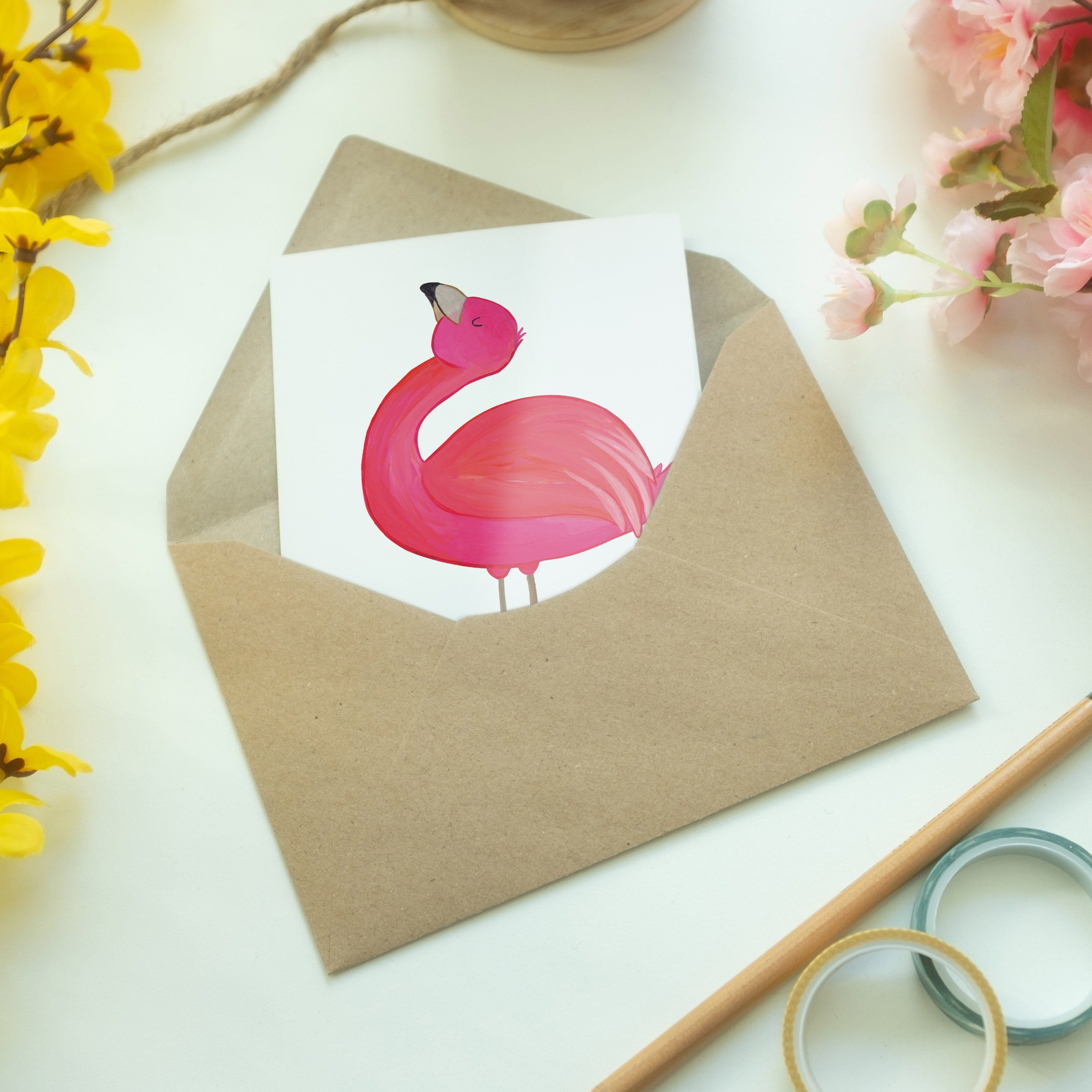 Mr. & Mrs. Panda Grußkarte Klappkarte, - Geschenk, Geburt Weiß stolz - Flamingo Selbstakzeptanz