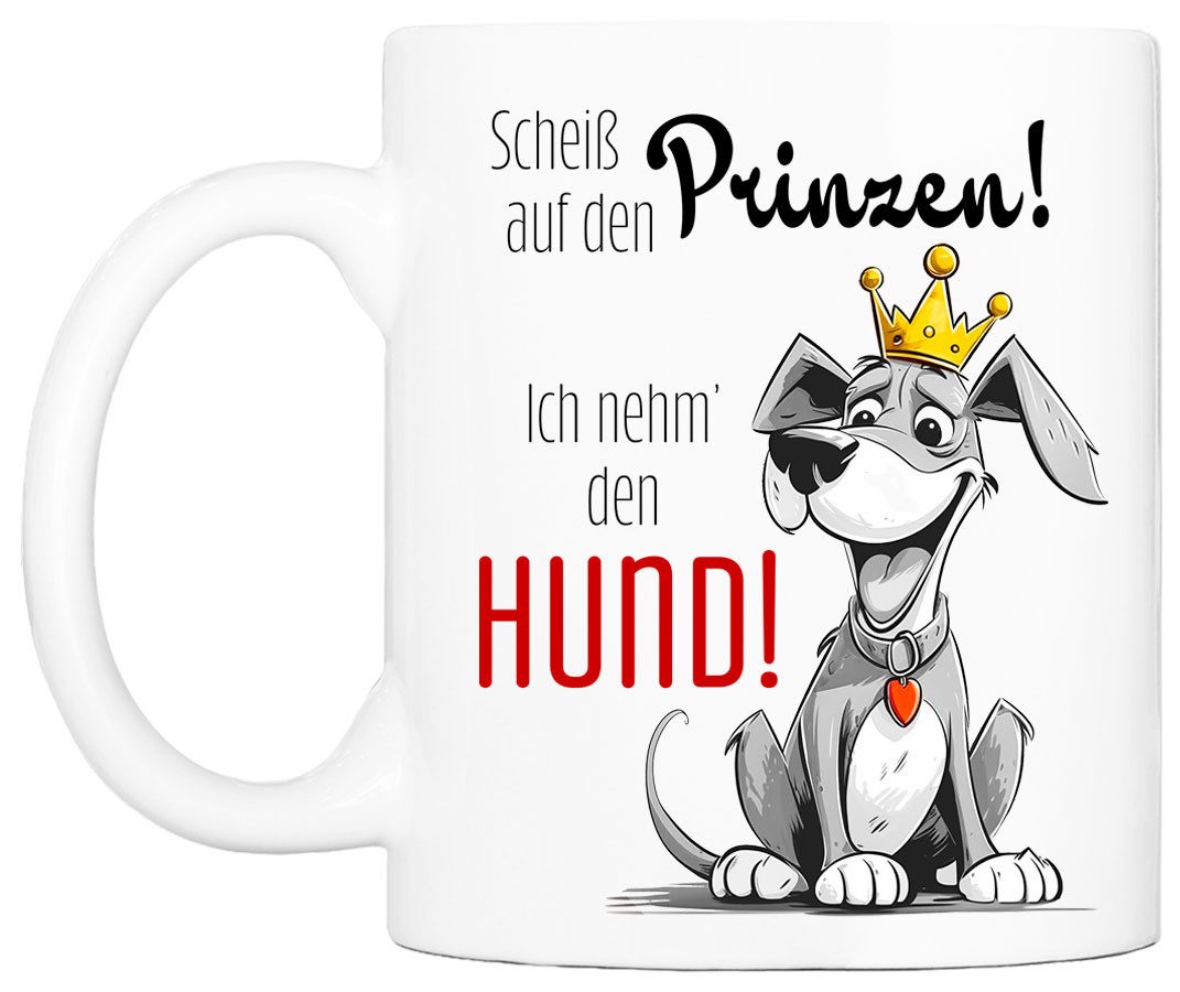 Cadouri Tasse SCHEISS AUF DEN PRINZEN Kaffeetasse mit Spruch - für Hundefreunde, Keramik, mit Hundespruch, beidseitig bedruckt, handgefertigt, Geschenk, 330 ml