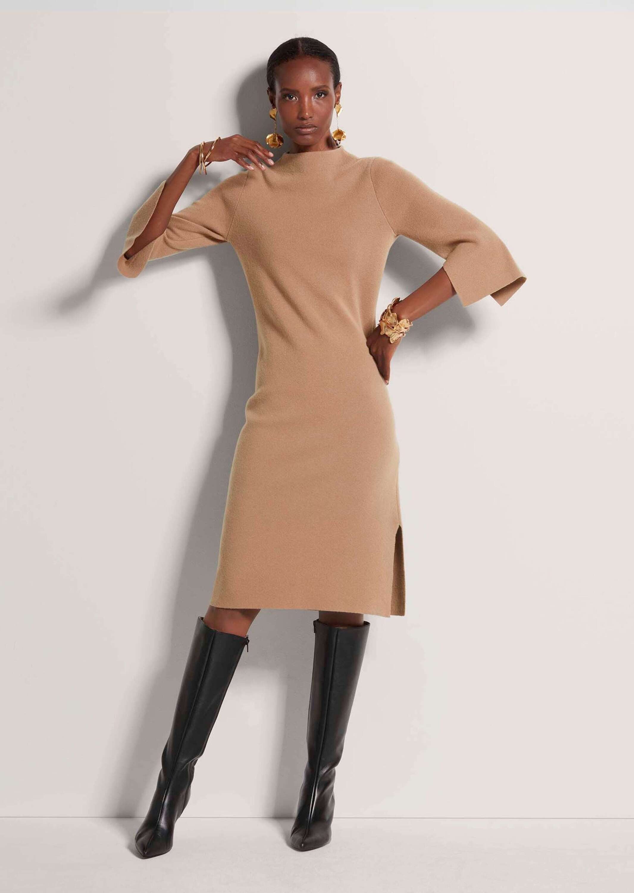 MADELEINE Strickkleid Halbarm Kaschmir-Strickkleid in Midilänge Feminines Design mit Stehkragen und Seitenschlitz, 3/4-Arm