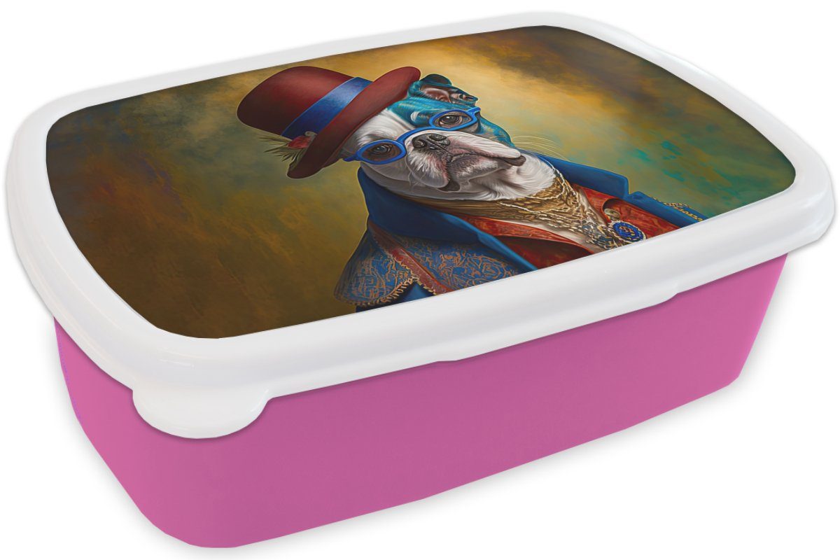 MuchoWow Lunchbox Hund - Porträt Kunststoff, - Kunststoff rosa Hut Brotbox - (2-tlg), Brotdose Kleidung für Mädchen, - Abstrakt, Erwachsene, Snackbox, Kinder