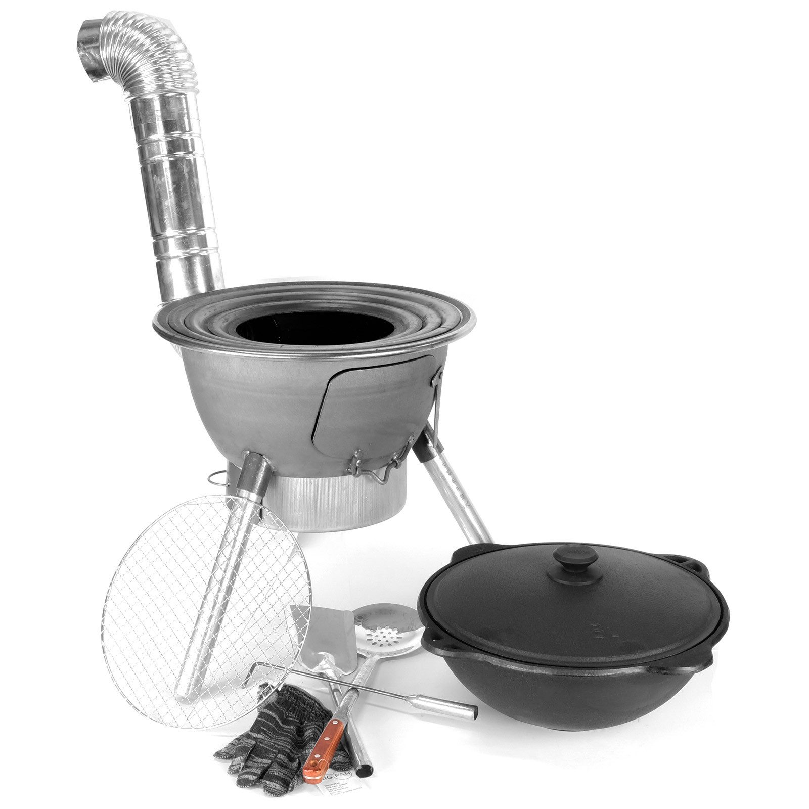 BIG-PAN Feuerstelle Utschak Set 8L Gusseisen Kazan Aludeckel Rauchrohr Adapterringen, (Premium Utschak Set, mit Rauchrohr, Adapterringen, Grillrost & Zubehör), Mobiler Outdoor Ofen