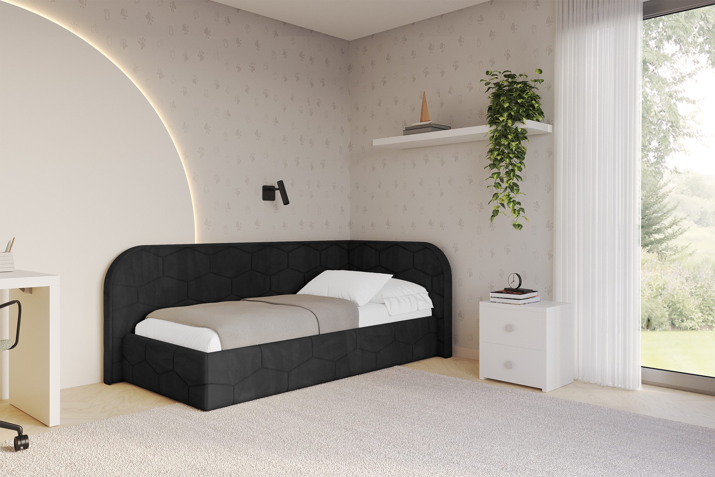 ALTDECOR Jugendbett JAXY (Jugendbett mit Bettkasten und Lattenrost, Polsterbett ohne Matratze), Einzelbett mit Stauraum, Bett mit Kopfteil