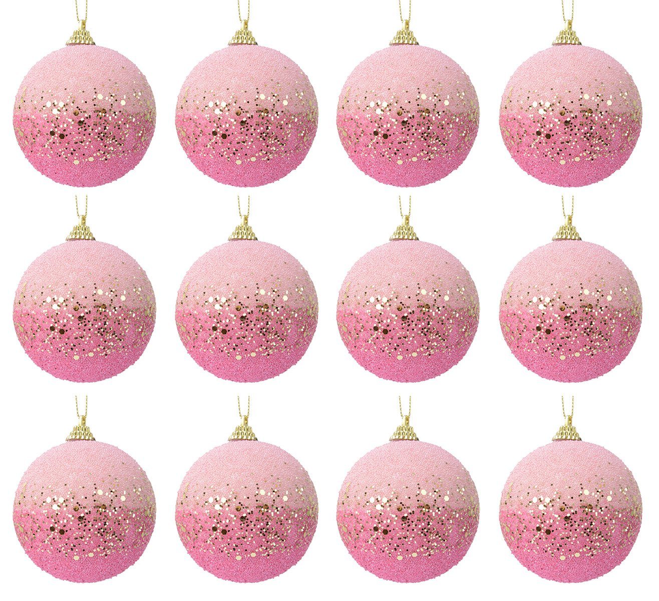 Decoris season decorations Weihnachtsbaumkugel, Weihnachtskugeln Kunststoff 8cm Perlen Pailletten 12er Set - Rosa