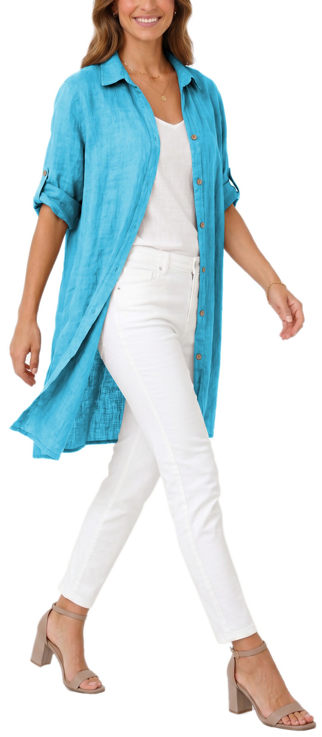 dy_mode Longbluse Damen Leinen Longbluse Sommer Hemdbluse Blusenkleid Luftige Tunika in Unifarbe, mit Knopfleiste