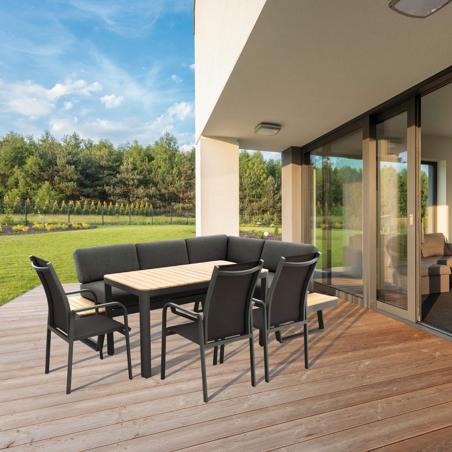 doppler® Gartenlounge-Set / Dininglounge "Expert Plus City Aversa", aus Aluminium und Teakholz, mit bequemer Polsterung, Ablageflächen