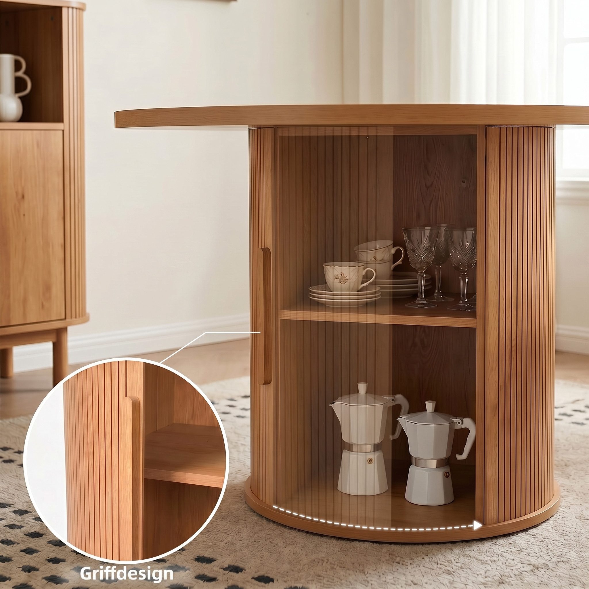 Jiexi Essgruppe Essgruppe rund Ø110cm MDF Eiche mit Stauraum & Cord-Stühlen – Bild 5 von 5