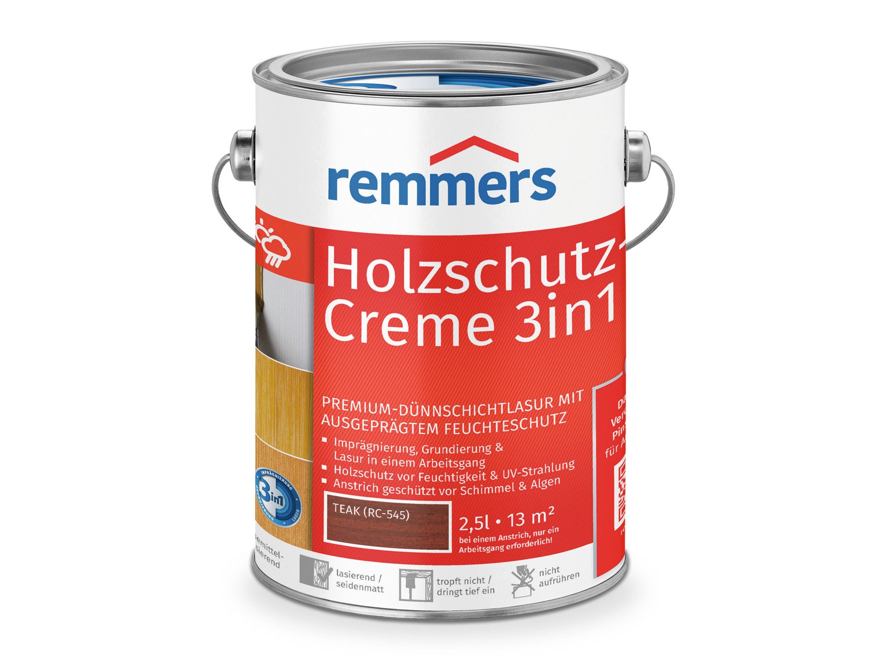 Remmers Holzschutzlasur Holzschutz-Creme 3in1 2,5 Liter, 3facher Holzschutz mit Imprägnierung + Grundierung + Lasur