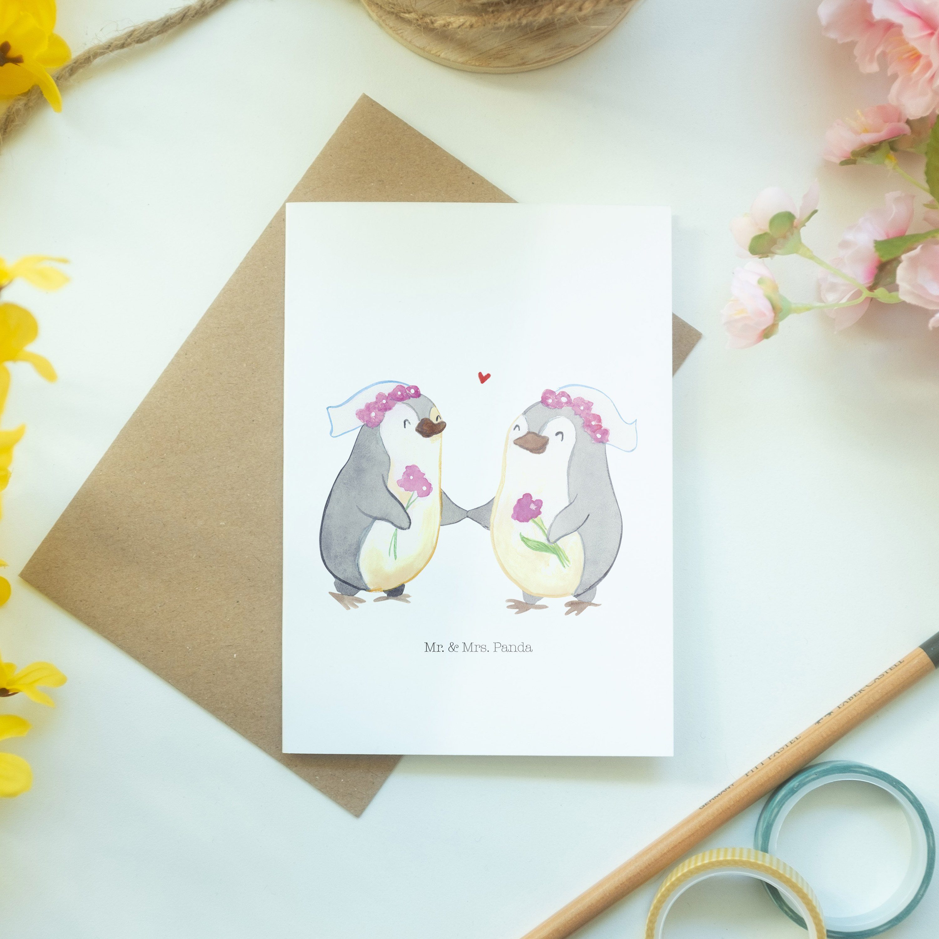 Mr. & Mrs. Pinguin Klappkarte, Pärchen - Geschenk, Lesbian Weiß Hochzeit Grußkarte - Pride Panda