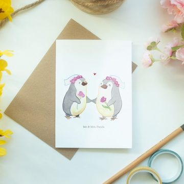 Mr. & Mrs. Panda Grußkarte Pinguine Lesbian Pride - Weiß - Geschenk, Geburtstagskarte, Glückwuns, Hochglänzende Veredelung