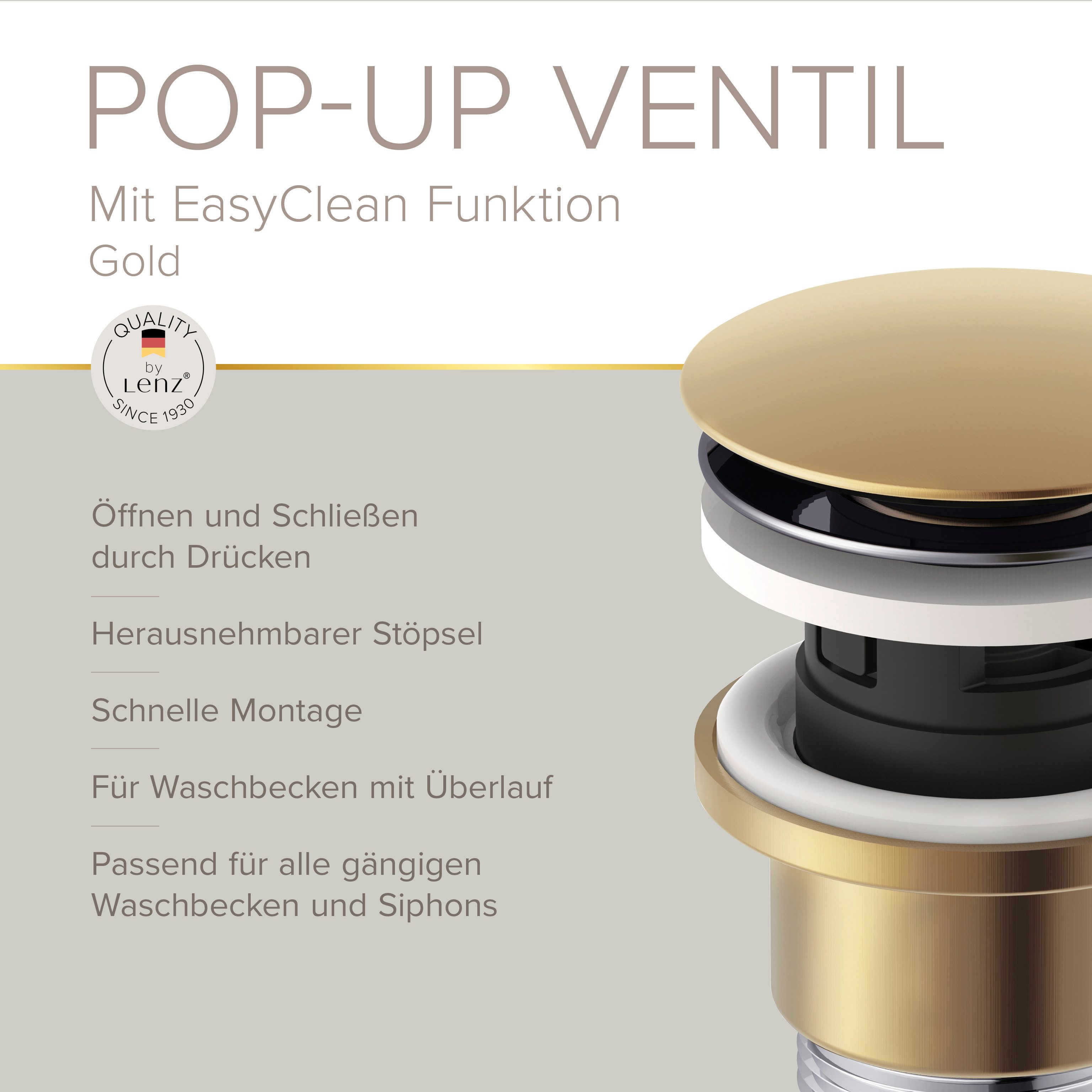 Lenz Waschbeckenstöpsel Easy Clean Pop-Up-Ventil, Waschbeckenstopfen – Bild 3 von 5