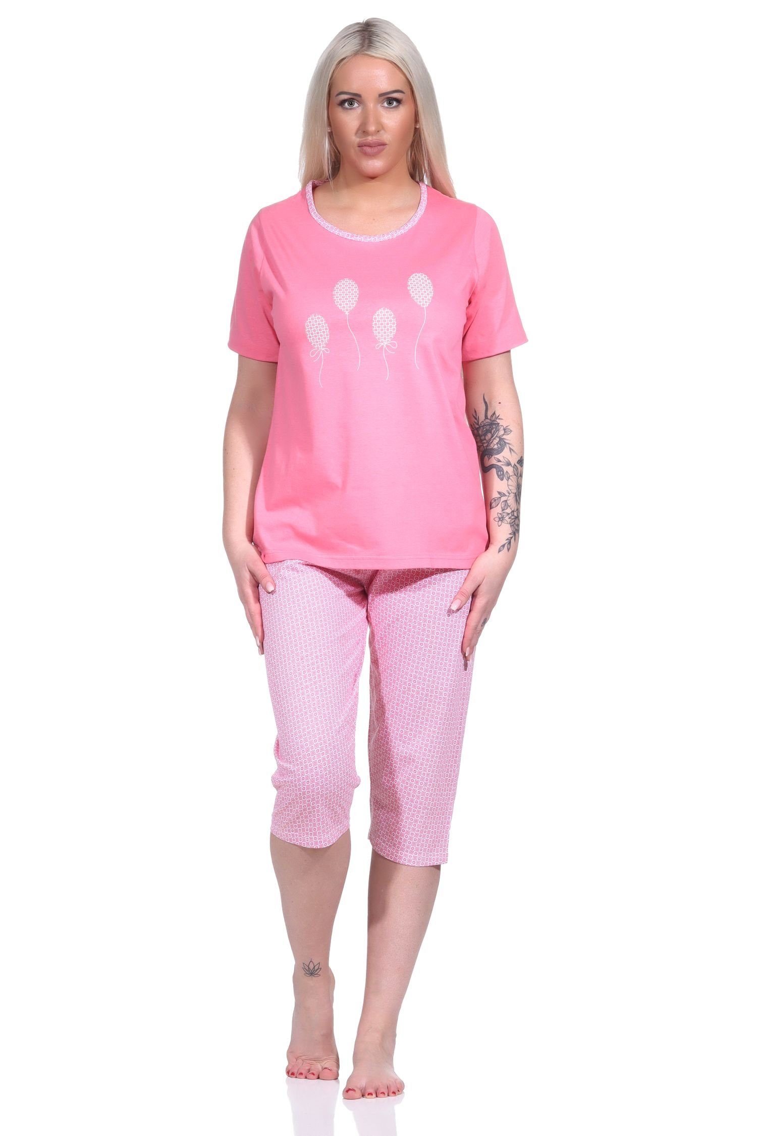 Normann Pyjama Damen kurzarm Capri Pyjama mit Capri-Hose und Minimal-Print pink