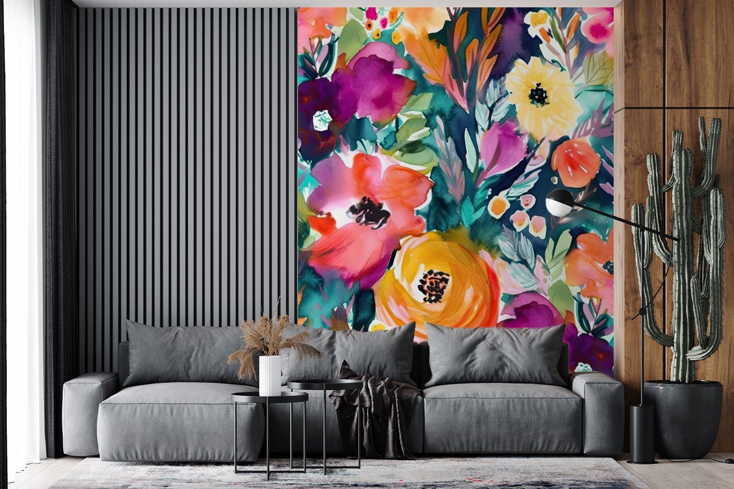 (4 Wohnzimmer, Ölfarbe bedruckt, für Blumen Kunst Matt, MuchoWow Wandtapete St), - Vinyl - Montagefertig - Natur, Fototapete Tapete