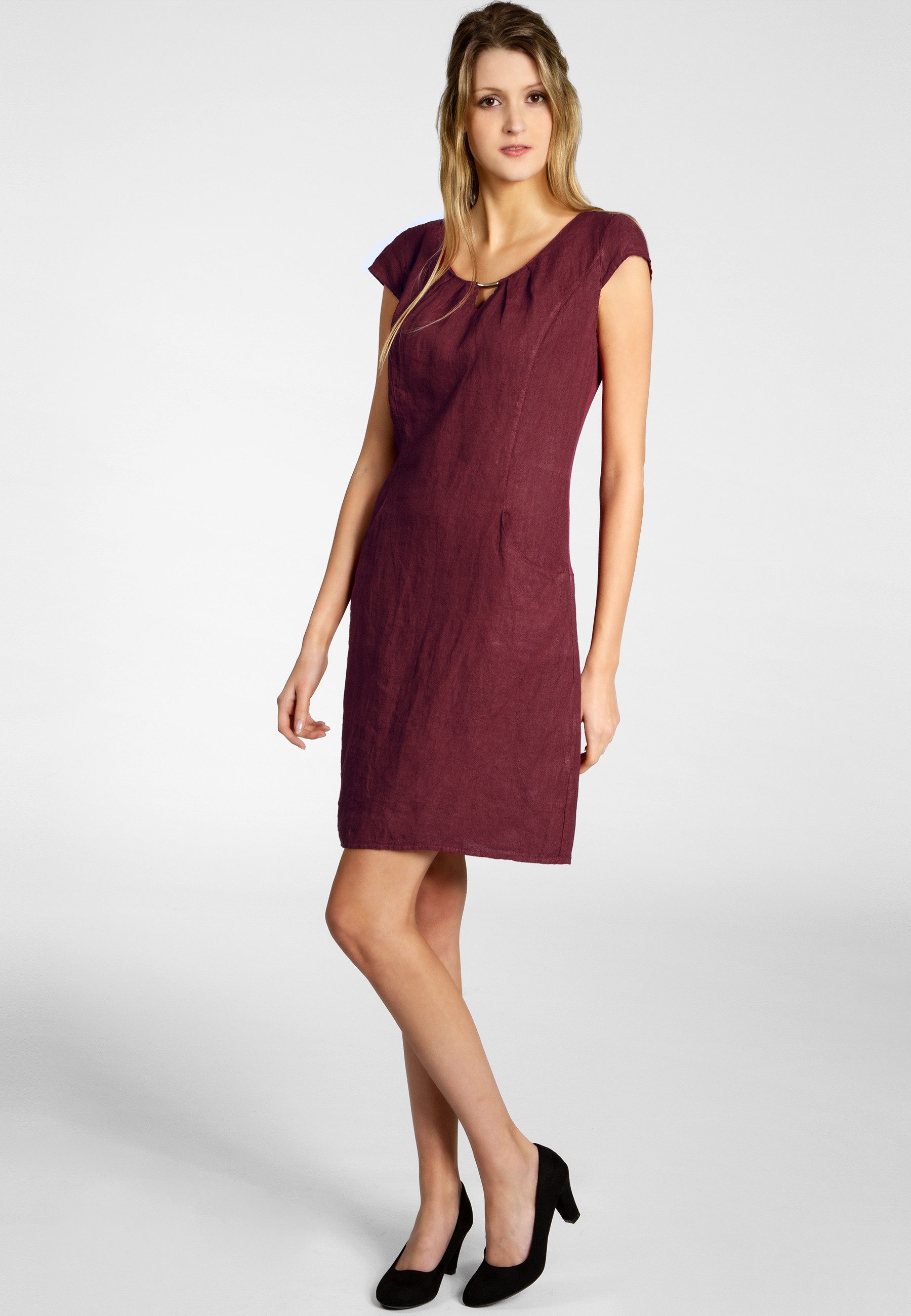 Caspar Sommerkleid SKL020 knielanges Damen Sommer Leinenkleid mit eleganter Metallspange Luftig leicht, figurumspielende Form, mit seitlichem Jersey-Einsatz – Bild 2 von 5