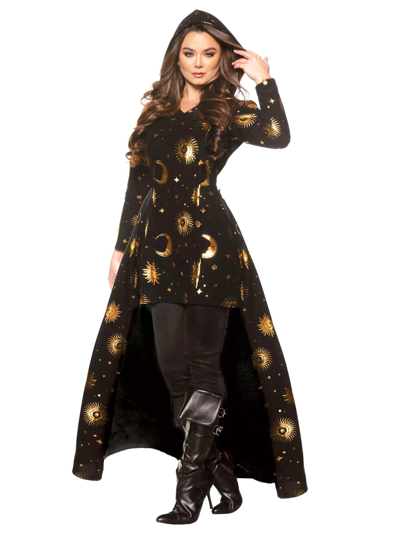 Underwraps Zauberer-Kostüm Sterndeuterin Kleid - Halloween Kostüm Damen, Mystisches Kleid mit goldenen Ornamenten