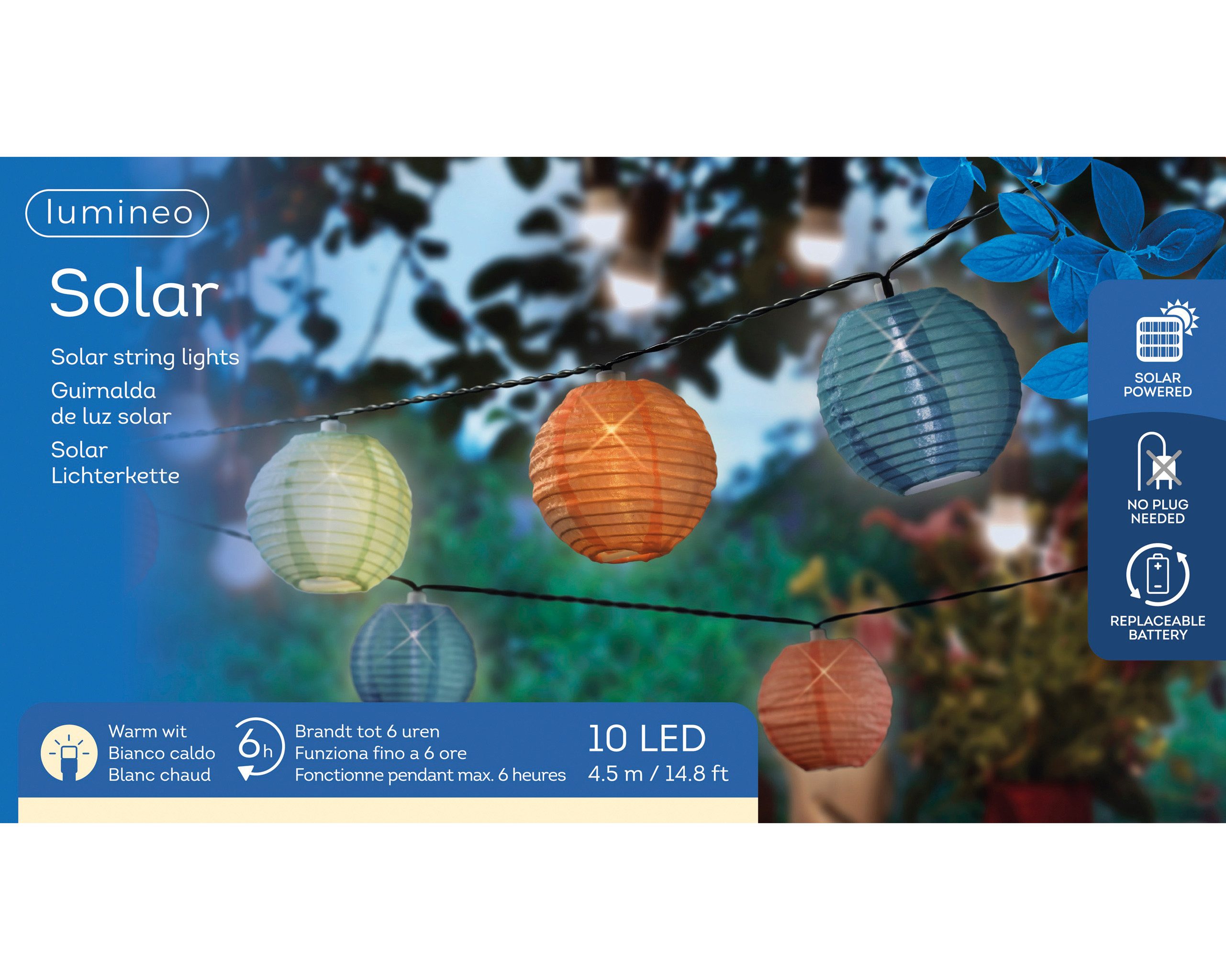 Lumineo LED-Lichterkette, Solar LED Lichterkette Lampions Nylon 4,5m Bunt / Warmweiß