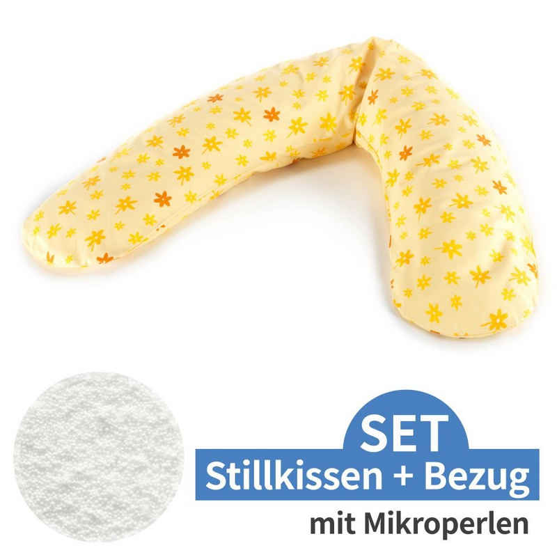 Theraline Stillkissen Das Komfort - Blümchen - Gelb, 2-tlg., Lagerungskissen / Schwangerschaftskissen inkl. Bezug (Baumwolle) 180 cm, Füllung: Mikroperlen