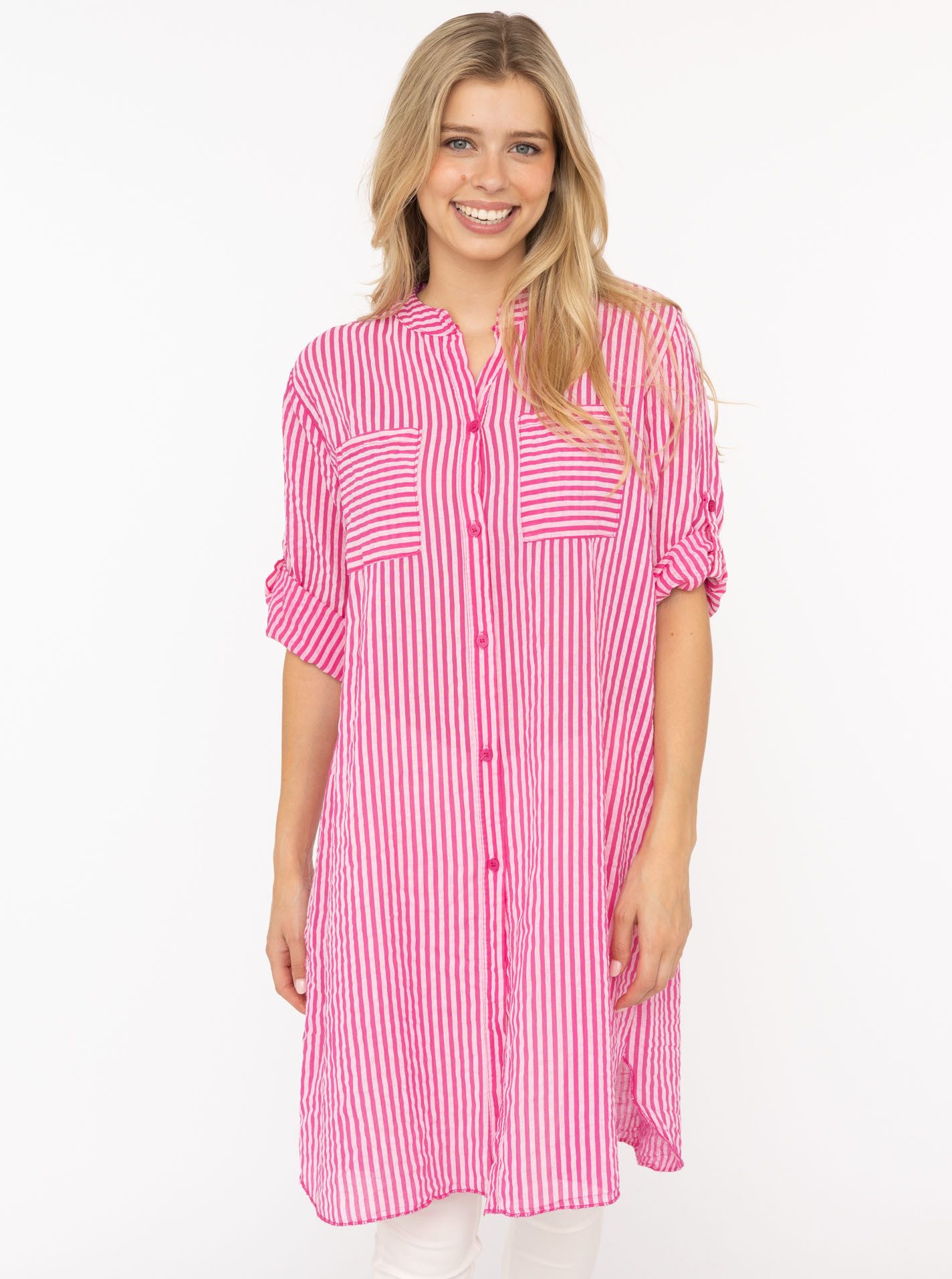 Zwillingsherz Longbluse "Kida" One Size, Streifen, Knopfleiste, Brusttaschen, 3/4-Arm