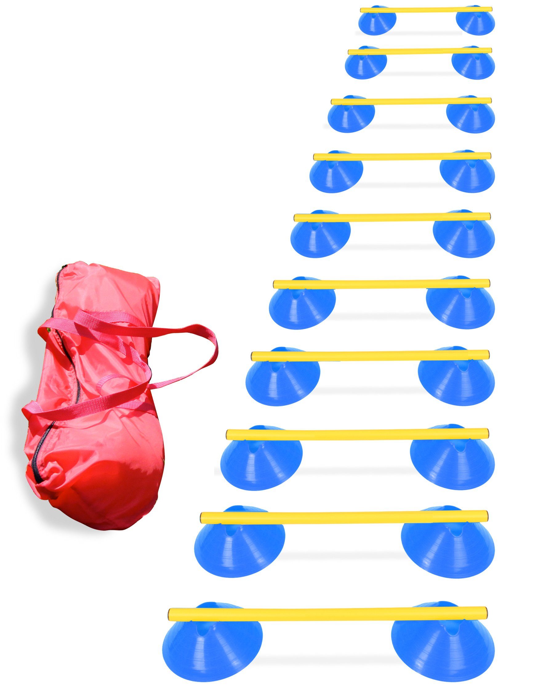 Superhund Agility-Slalom Cavaletti Mini-Hürden 10er Set Blaue Mulden und Gelben Stange 50 cm, F, Kunststoff