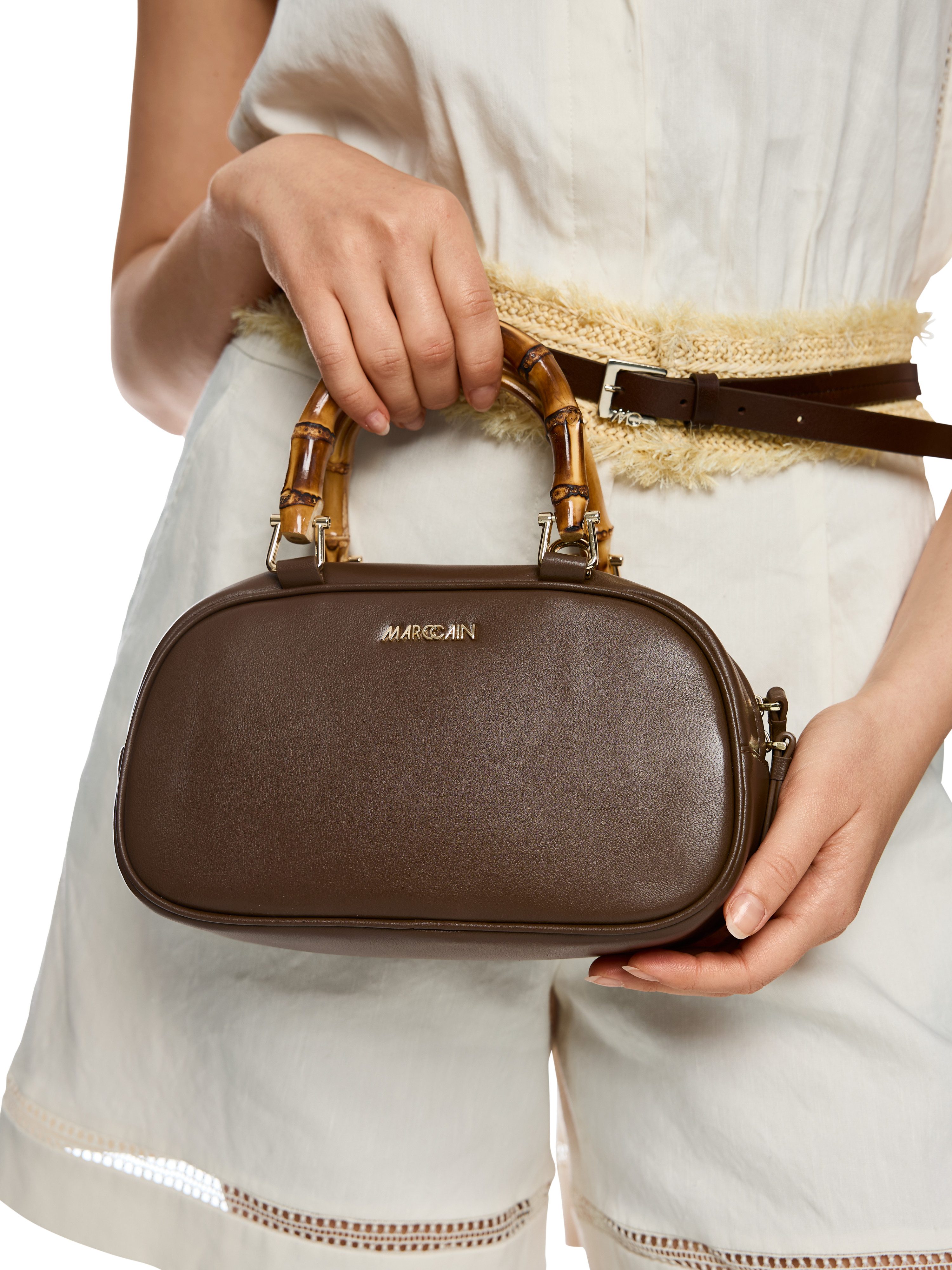 Marc Cain Henkeltasche Collections Leo's Oasis, Damen Handtasche, Abendtasche mit Holz-Tragegriff