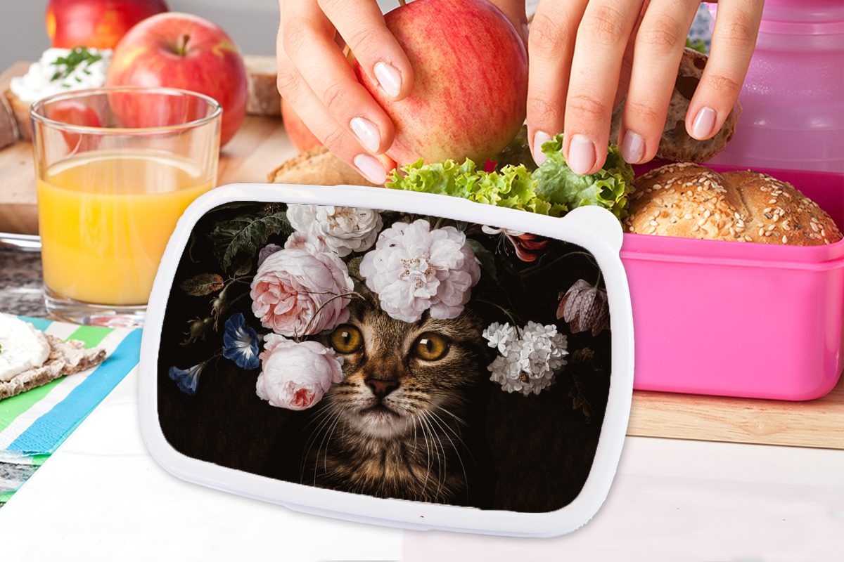 Kunst, Erwachsene, - (2-tlg), - Lunchbox Brotdose MuchoWow rosa Kunststoff für Blumen Brotbox Snackbox, Kinder, Katze Kunststoff, Mädchen,